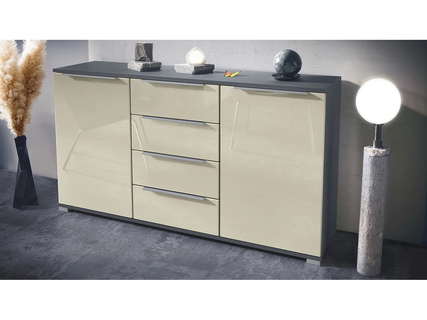 Buffet Linio V1, Enfilade avec 2 portes et 4 tiroirs, anthracite mat / crème haute brillance (138,5 x 75,5 x 35 cm)