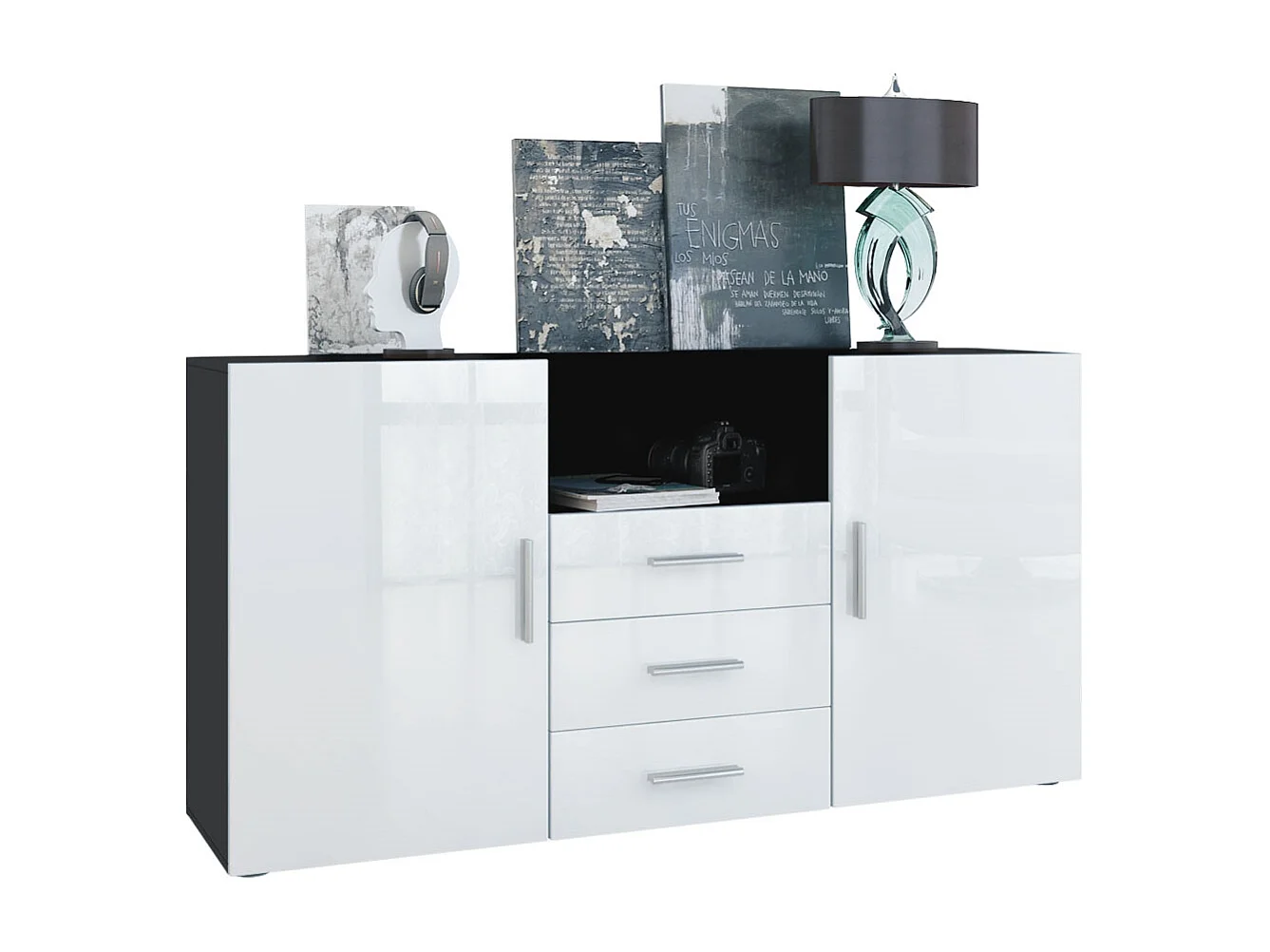 Buffet Skadu, Commode avec 2 portes, 3 tiroirs et 1 compartiment ouvert, noir mat/blanc haute brillance (138,5 x 71,5 x 35 cm)