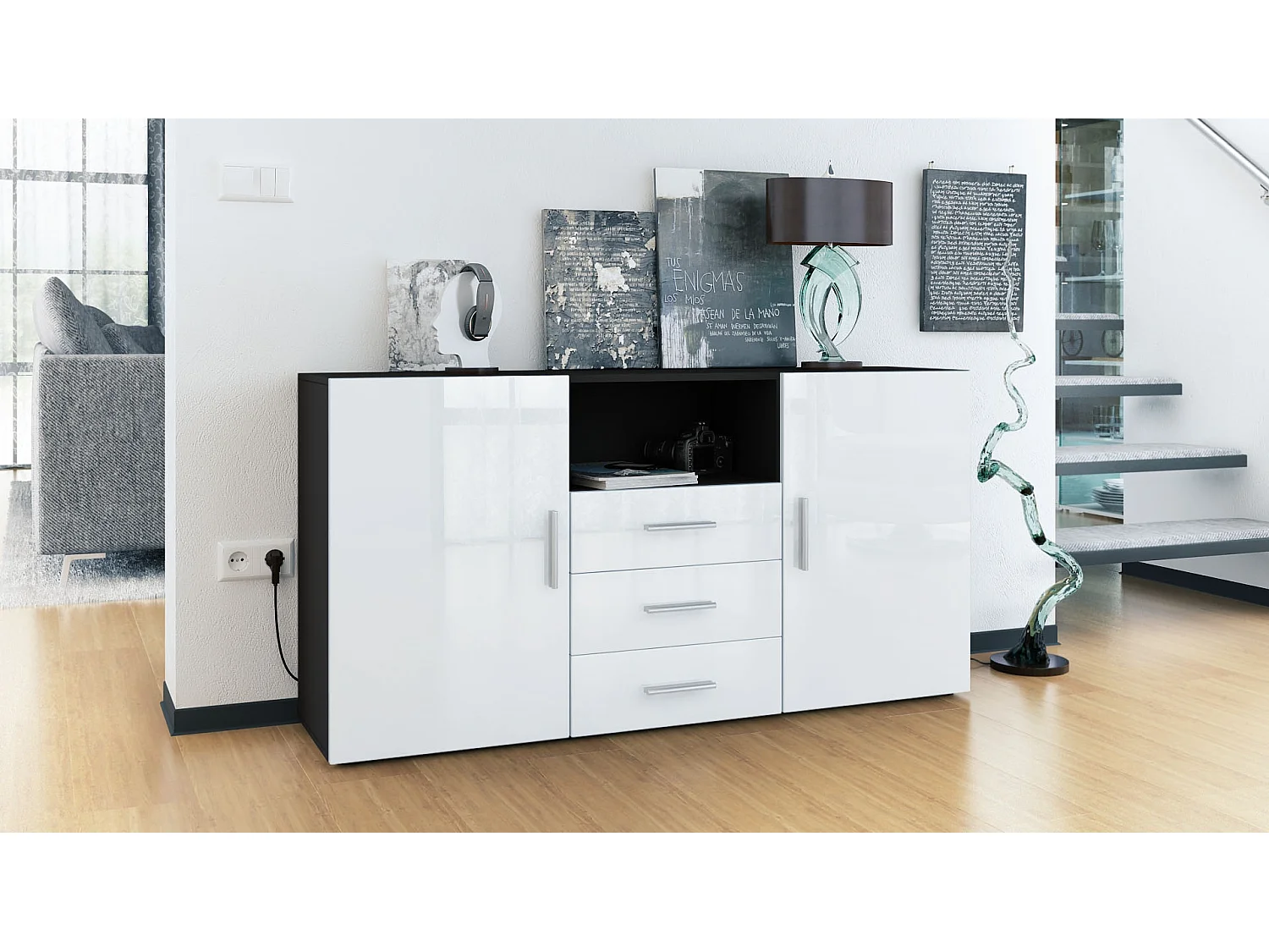 Buffet Skadu, Commode avec 2 portes, 3 tiroirs et 1 compartiment ouvert, noir mat/blanc haute brillance (138,5 x 71,5 x 35 cm)