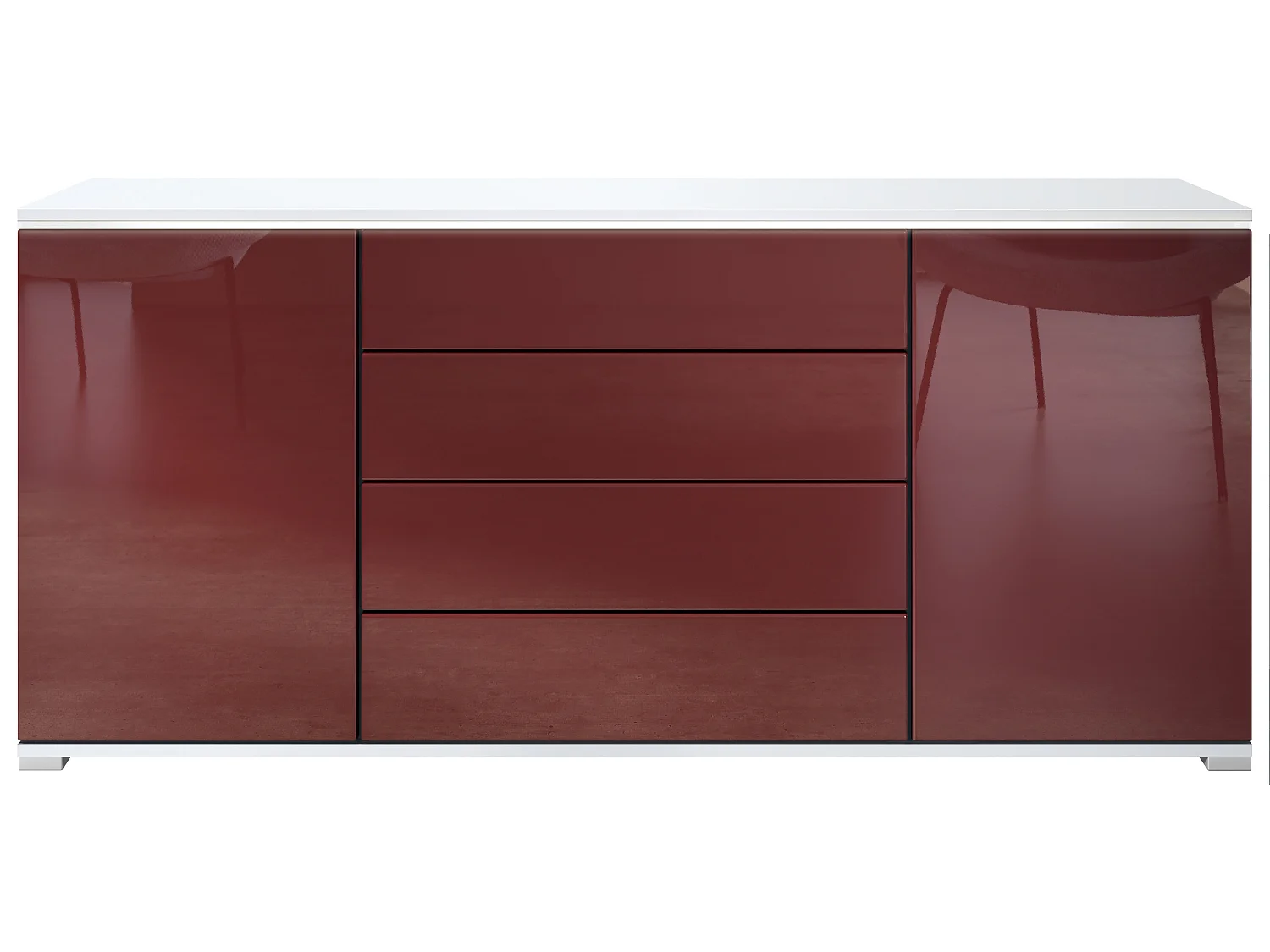 Buffet Faro V2 – Meuble avec 2 Portes & 4 Tiroirs, Armoire avec Bande LED Lumineuse, blanc mat / bordeaux haute brillance (166,5 x 75,5 x 35)