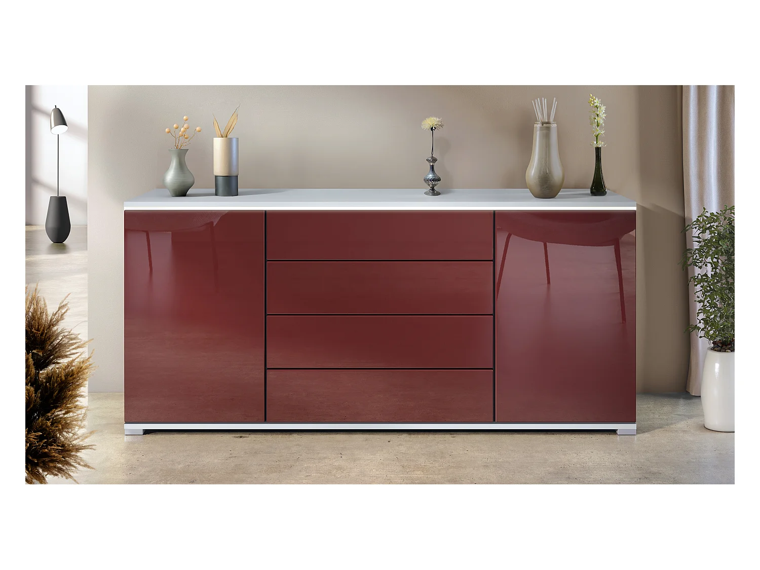 Buffet Faro V2 – Meuble avec 2 Portes & 4 Tiroirs, Armoire avec Bande LED Lumineuse, blanc mat / bordeaux haute brillance (166,5 x 75,5 x 35)