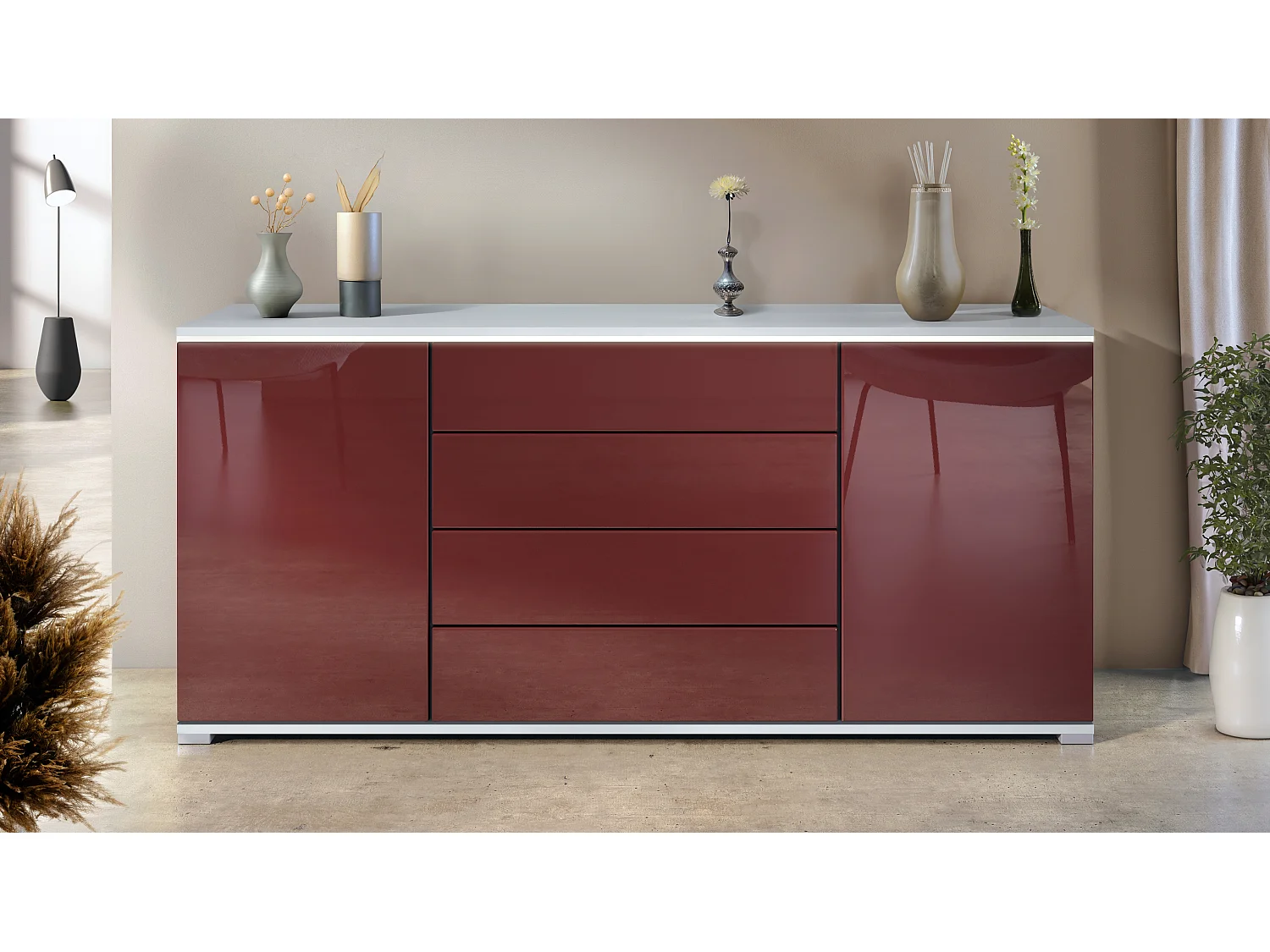 Buffet Faro V2 – Meuble avec 2 Portes & 4 Tiroirs, Armoire avec Bande LED Lumineuse, blanc mat / bordeaux haute brillance (166,5 x 75,5 x 35)