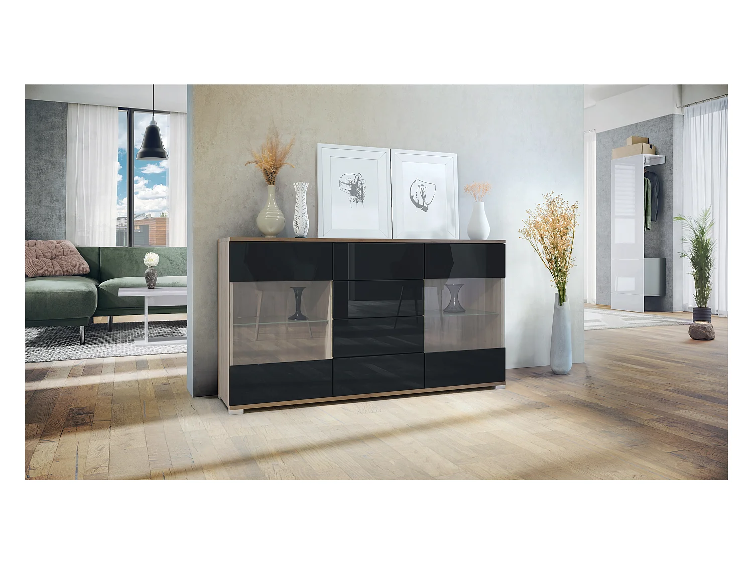 Buffet Bari V1 – Meuble avec 2 Grandes Portes et 4 Tiroirs, Chêne Evoke/noir haute brillance (138,5 x 75,5 x 35)