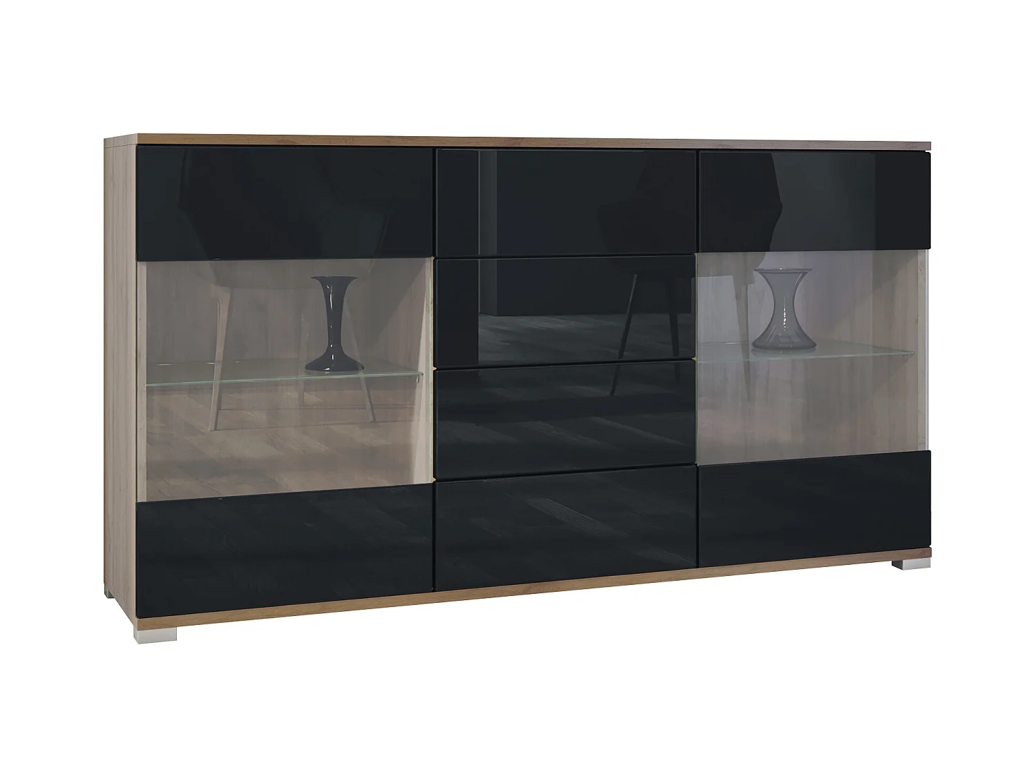 Buffet Bari V1 – Meuble avec 2 Grandes Portes et 4 Tiroirs, Chêne Evoke/noir haute brillance (138,5 x 75,5 x 35)
