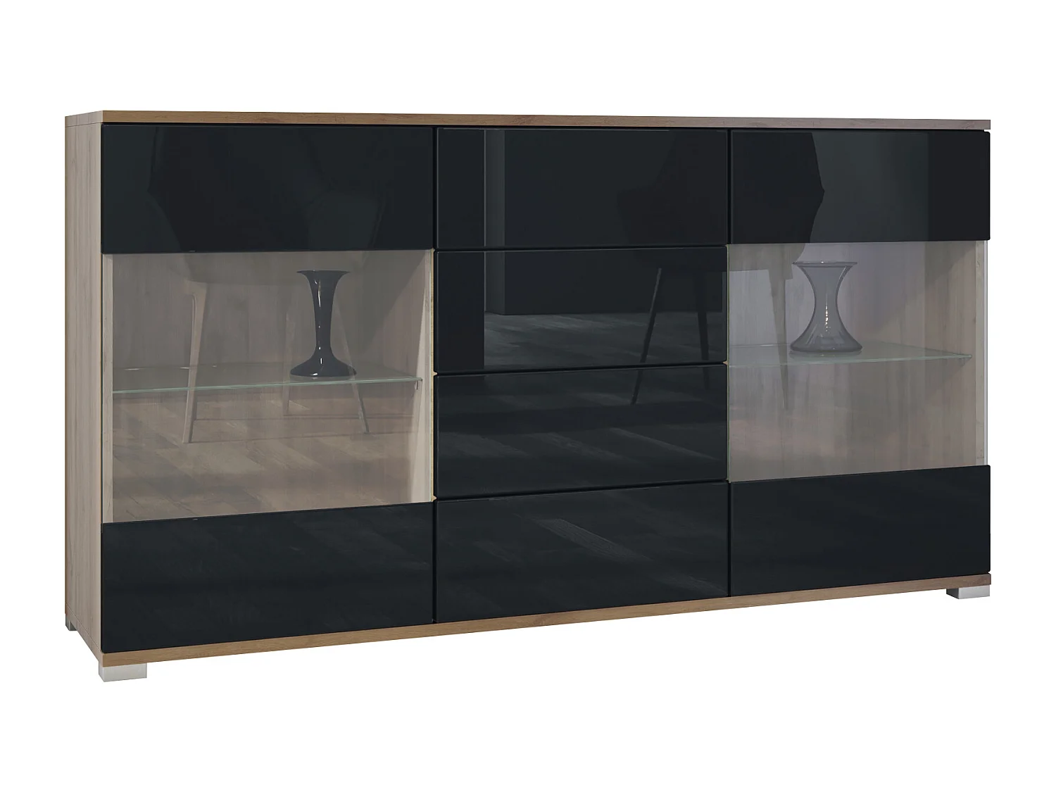 Buffet Bari V1 – Meuble avec 2 Grandes Portes et 4 Tiroirs, Chêne Evoke/noir haute brillance (138,5 x 75,5 x 35)