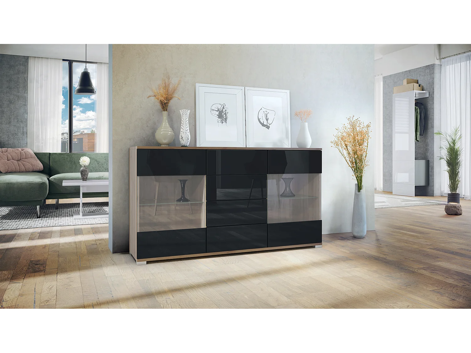 Buffet Bari V1 – Meuble avec 2 Grandes Portes et 4 Tiroirs, Chêne Evoke/noir haute brillance (138,5 x 75,5 x 35)