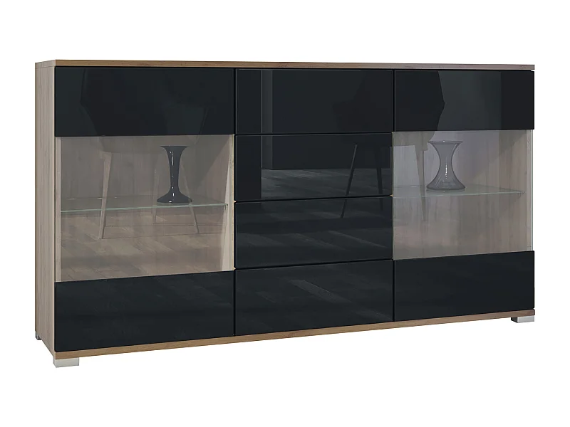 Buffet Bari V1 – Meuble avec 2 Grandes Portes et 4 Tiroirs, Chêne Evoke/noir haute brillance (138,5 x 75,5 x 35)
