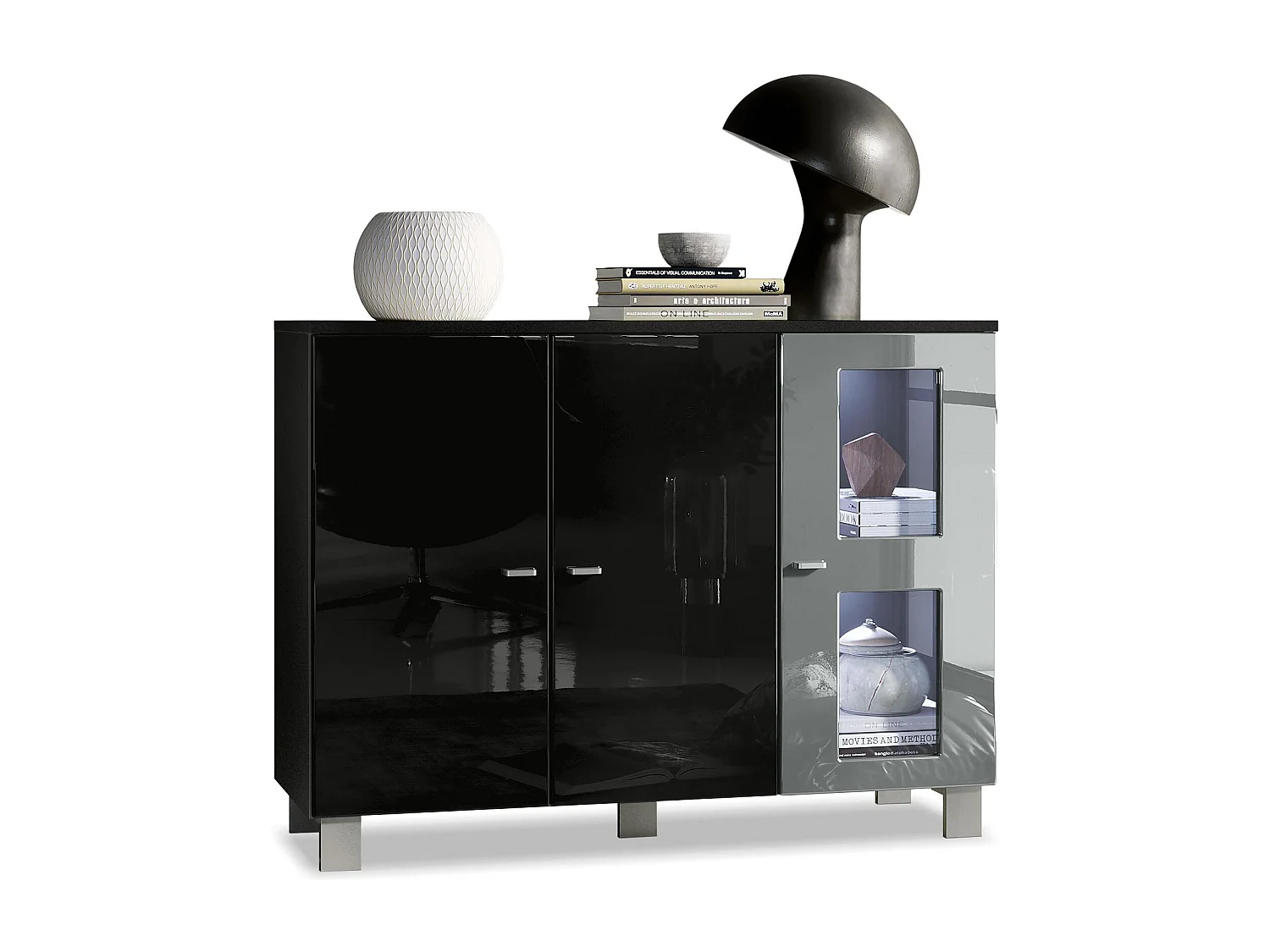 Buffet Denjo, Commode avec 3 portes, Noir mat/Noir haute brillance/Gris haute brillance, éclairage LED inclus (107 x 81 x 35 cm)