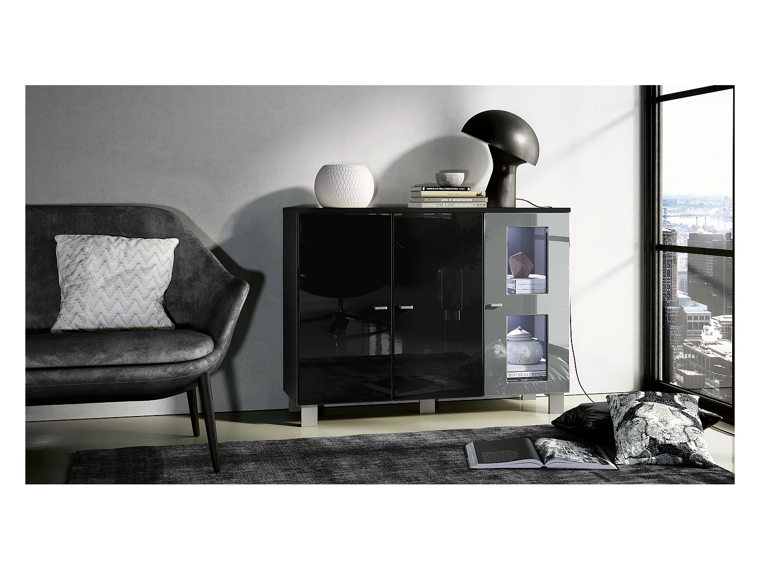 Buffet Denjo, Commode avec 3 portes, Noir mat/Noir haute brillance/Gris haute brillance, éclairage LED inclus (107 x 81 x 35 cm)