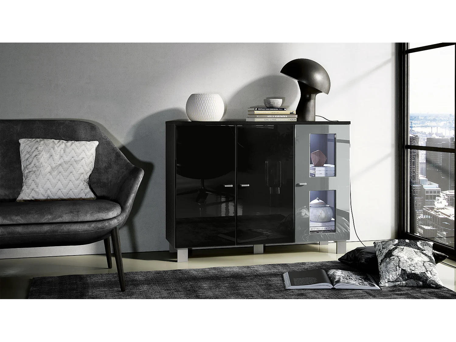 Buffet Denjo, Commode avec 3 portes, Noir mat/Noir haute brillance/Gris haute brillance, éclairage LED inclus (107 x 81 x 35 cm)