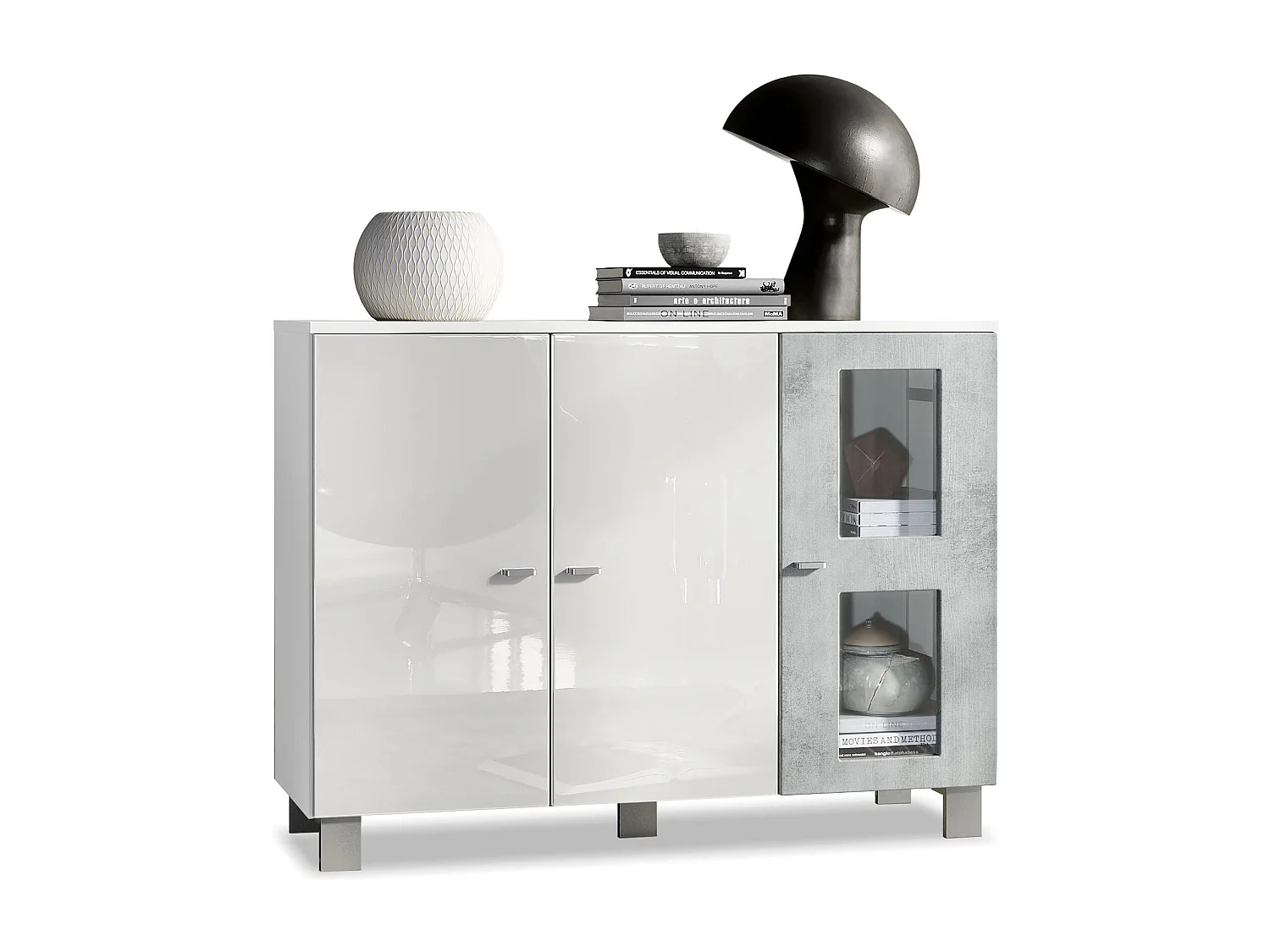 Buffet Denjo, Commode avec 3 portes, Blanc mat/Blanc haute brillance/Aspect Béton Oxyde (107 x 81 x 35 cm)