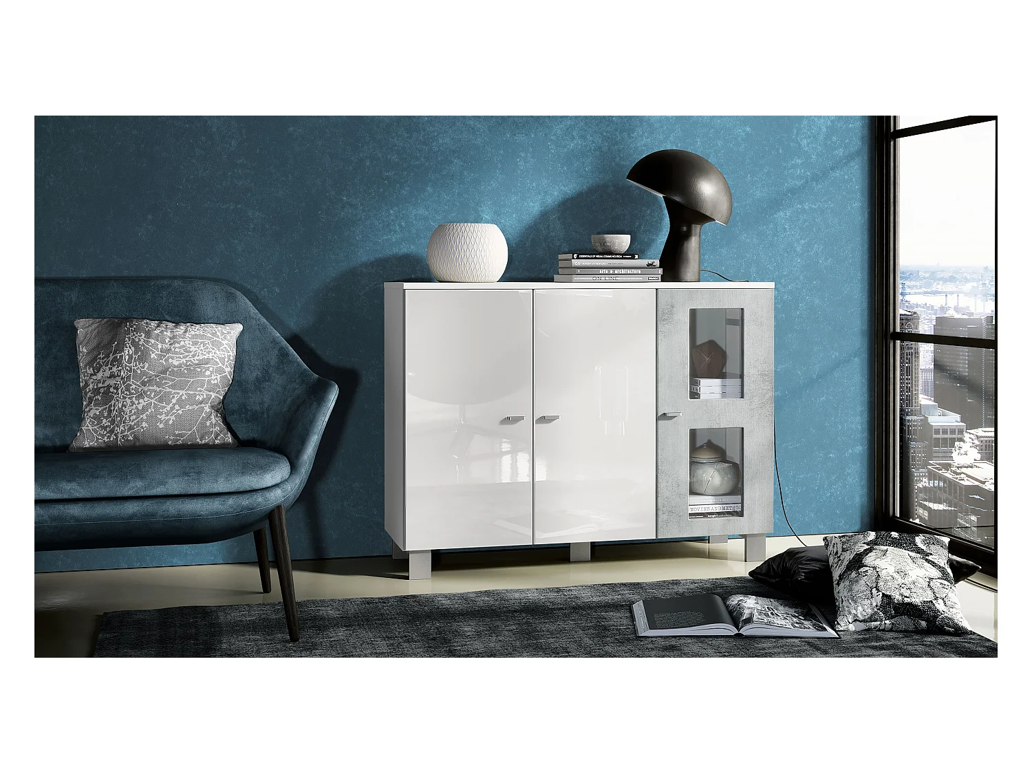 Buffet Denjo, Commode avec 3 portes, Blanc mat/Blanc haute brillance/Aspect Béton Oxyde (107 x 81 x 35 cm)