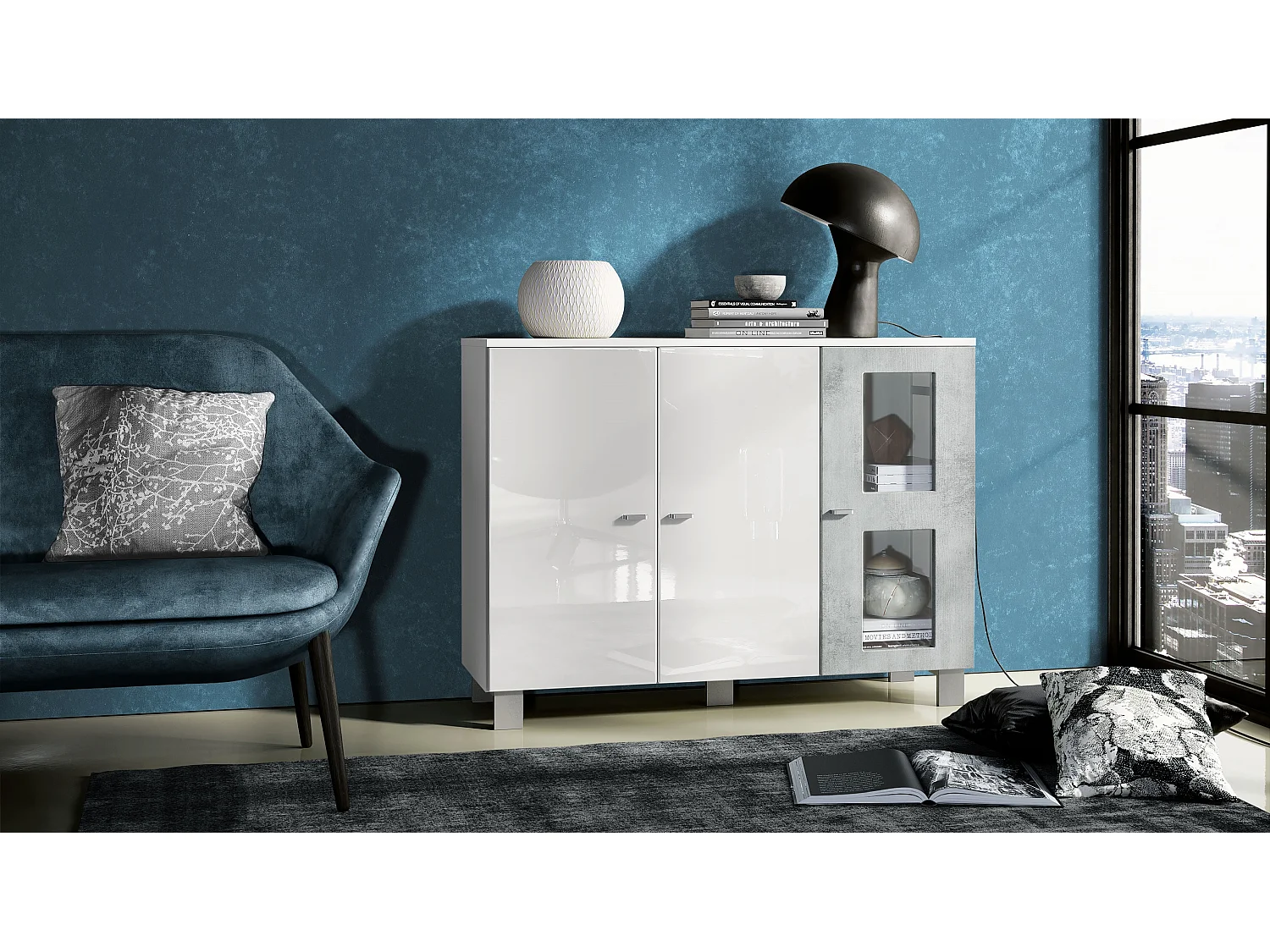 Buffet Denjo, Commode avec 3 portes, Blanc mat/Blanc haute brillance/Aspect Béton Oxyde (107 x 81 x 35 cm)