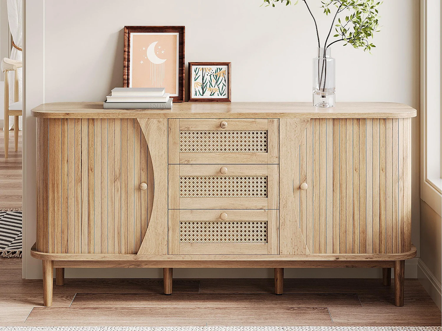 Sideboard 140,5×40×76 cm - 3 Rattan-Schubladen - 2 Schiebetüren - höhenverstellbare Fächer - natur