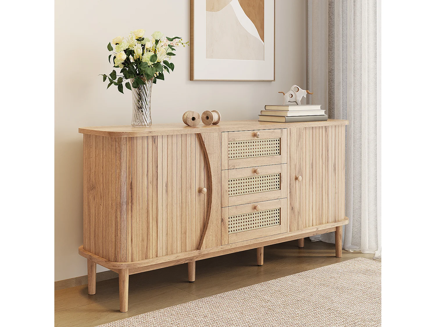 Sideboard 140,5×40×76 cm - 3 Rattan-Schubladen - 2 Schiebetüren - höhenverstellbare Fächer - natur