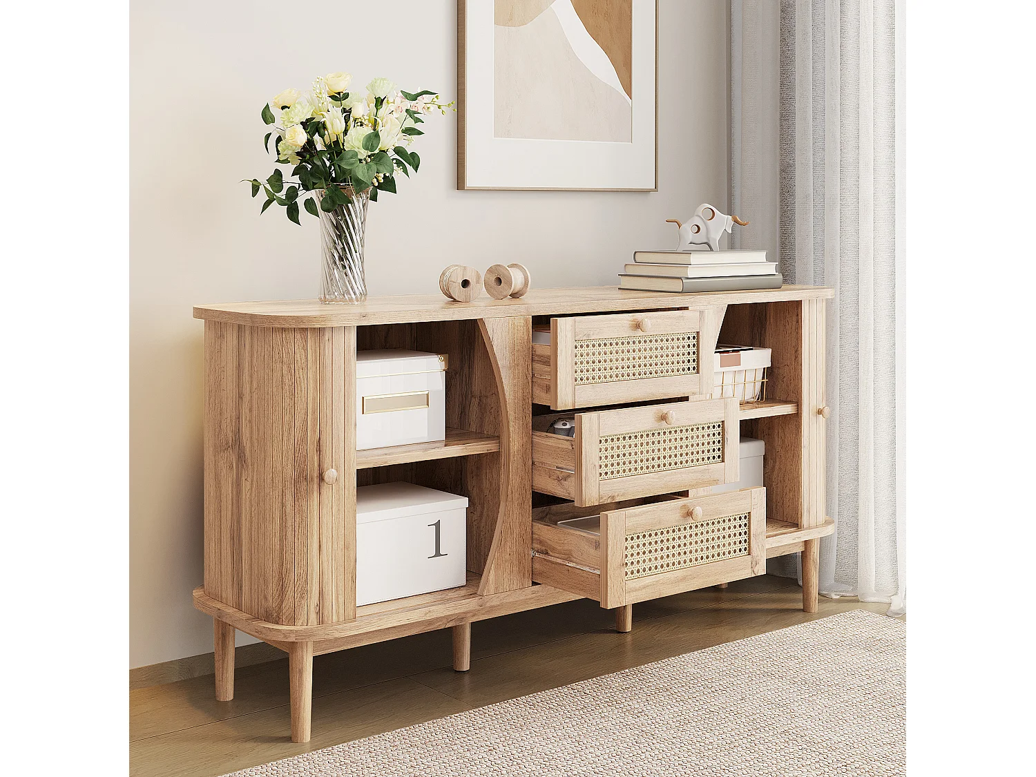 Sideboard 140,5×40×76 cm - 3 Rattan-Schubladen - 2 Schiebetüren - höhenverstellbare Fächer - natur