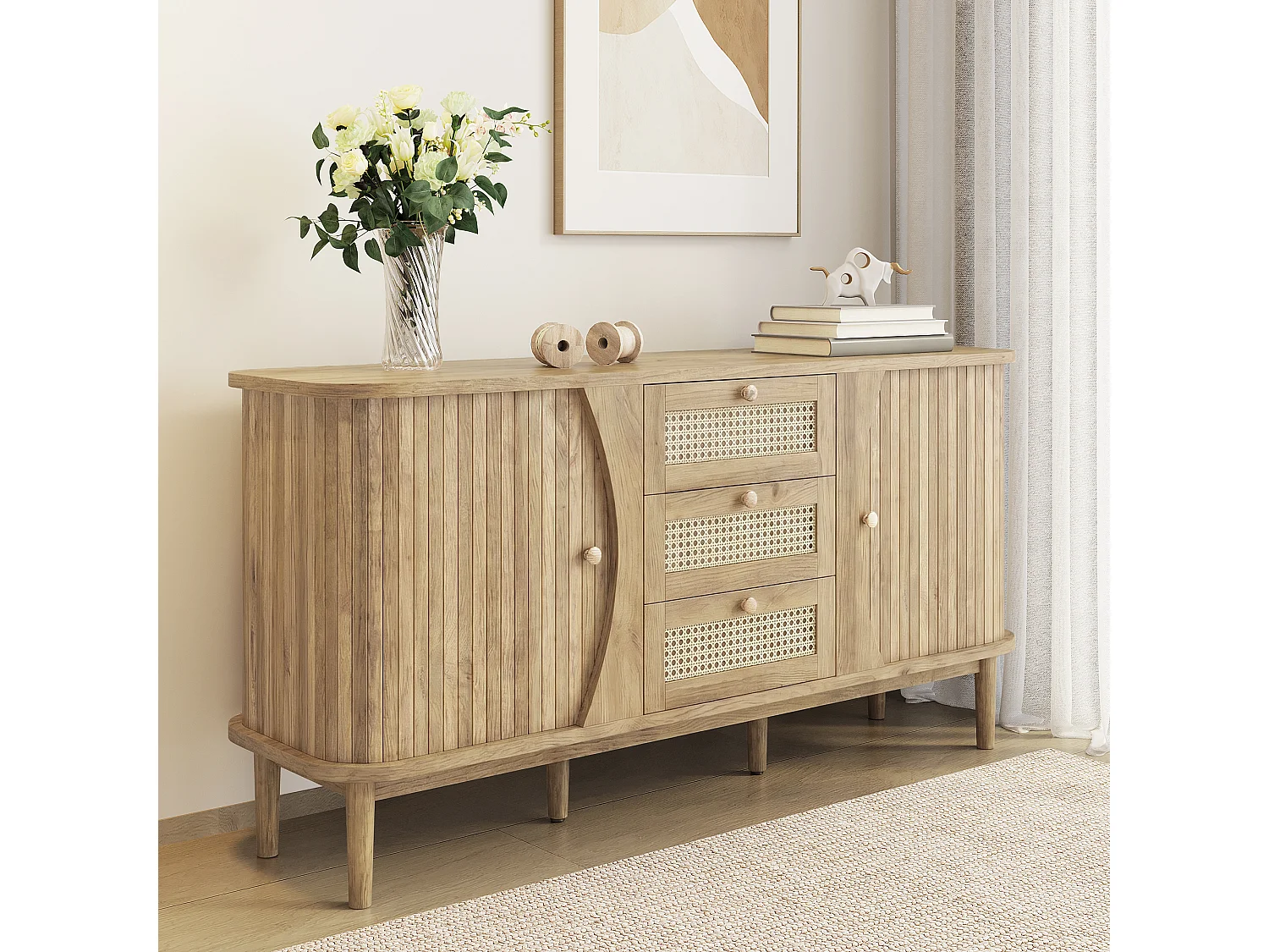 Credenza 140,5×40×76 cm - 3 cassetti in rattan - 2 ante scorrevoli - ripiani regolabili - naturale