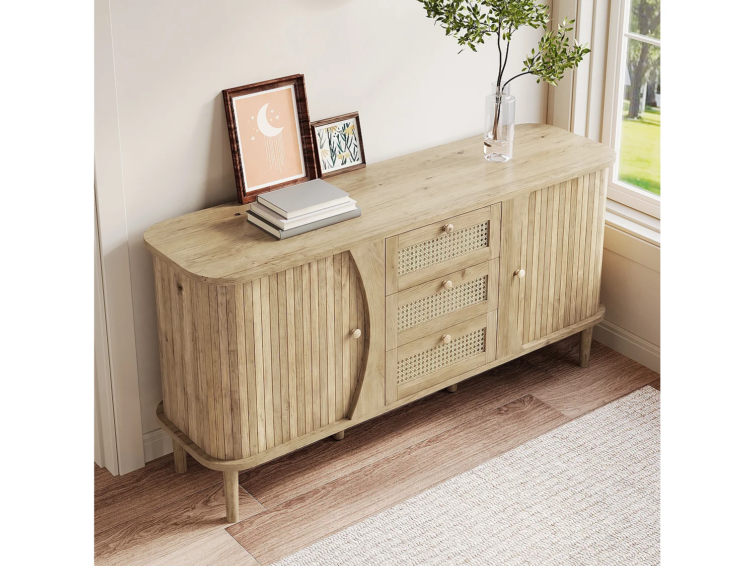 Credenza 140,5×40×76 cm - 3 cassetti in rattan - 2 ante scorrevoli - ripiani regolabili - naturale