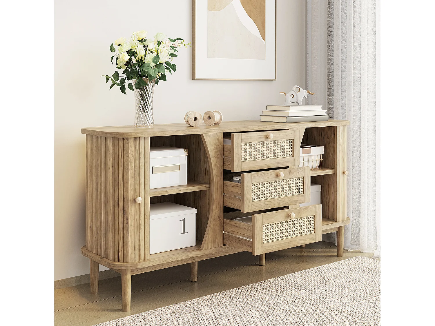 Credenza 140,5×40×76 cm - 3 cassetti in rattan - 2 ante scorrevoli - ripiani regolabili - naturale