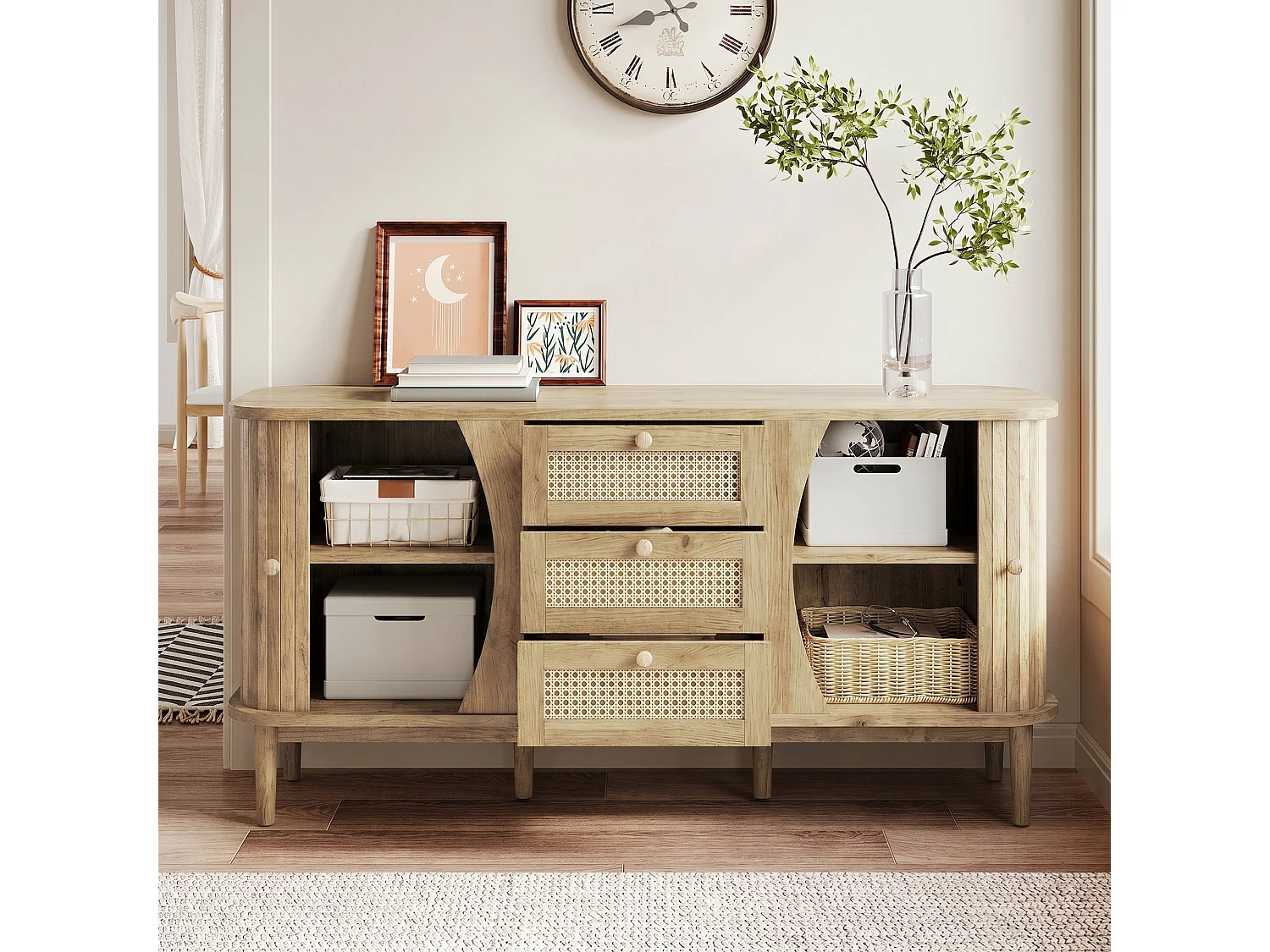 Credenza 140,5×40×76 cm - 3 cassetti in rattan - 2 ante scorrevoli - ripiani regolabili - naturale