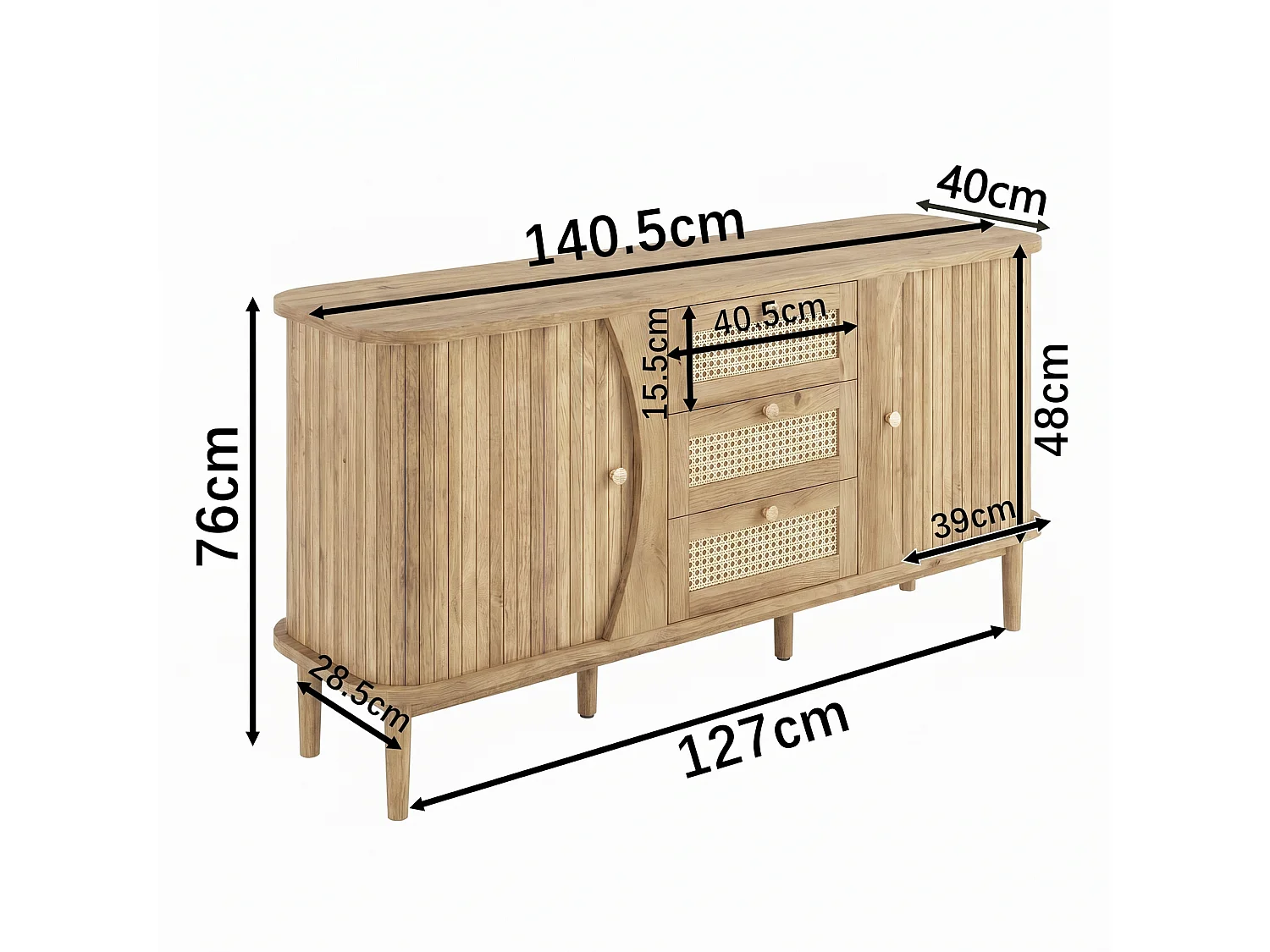 Credenza 140,5×40×76 cm - 3 cassetti in rattan - 2 ante scorrevoli - ripiani regolabili - naturale