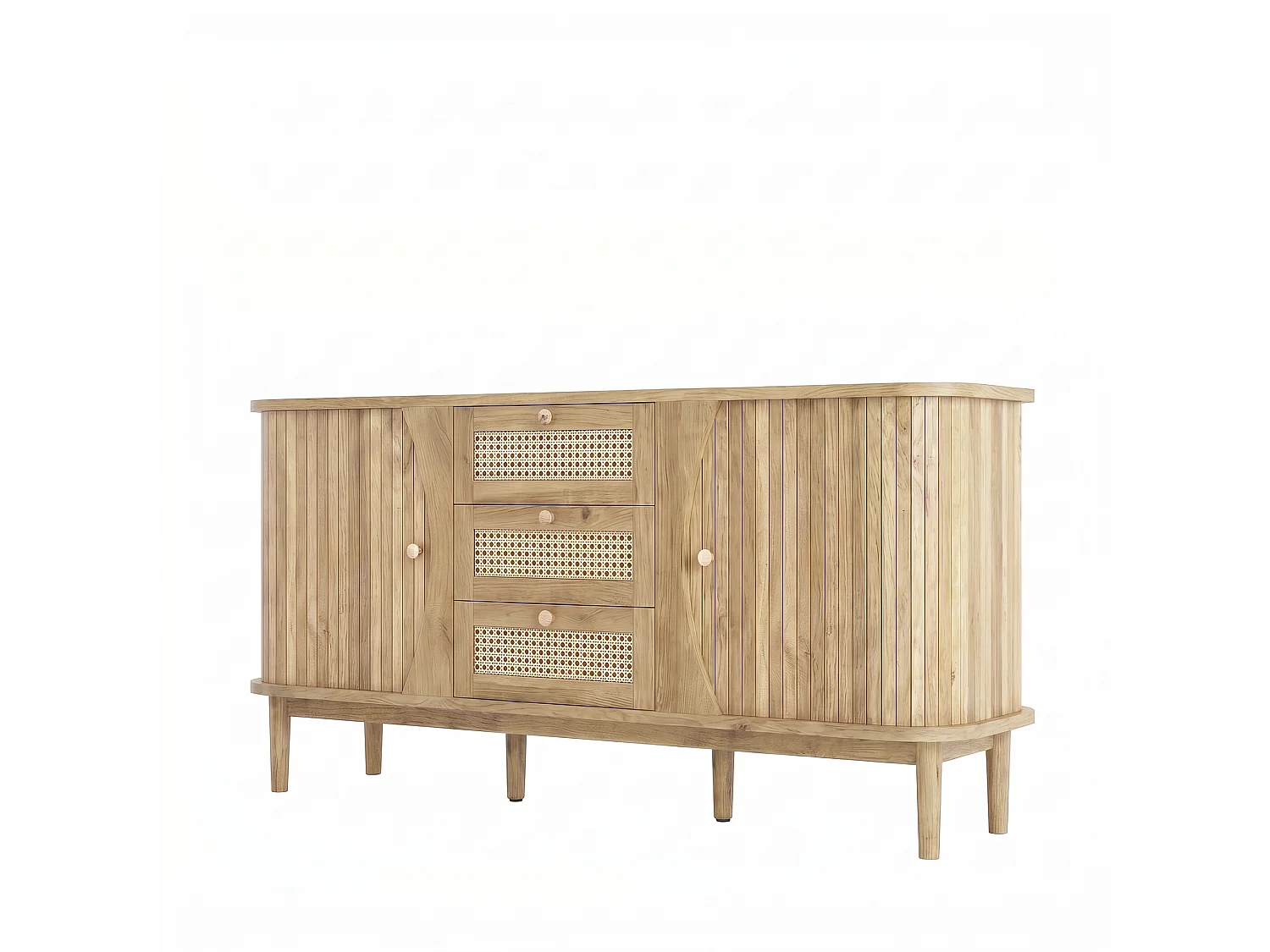 Credenza 140,5×40×76 cm - 3 cassetti in rattan - 2 ante scorrevoli - ripiani regolabili - naturale