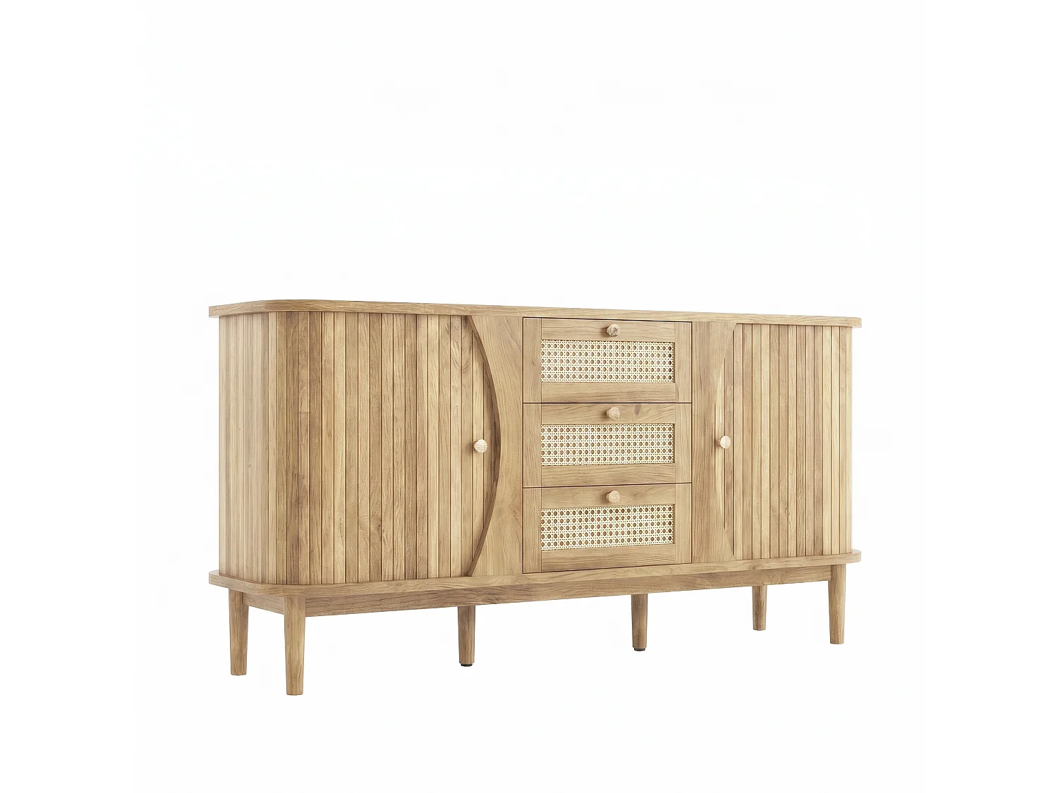 Credenza 140,5×40×76 cm - 3 cassetti in rattan - 2 ante scorrevoli - ripiani regolabili - naturale
