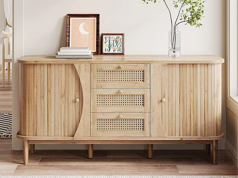 Sideboard 140,5×40×76 cm - 3 Rattan-Schubladen - 2 Schiebetüren - höhenverstellbare Fächer - natur