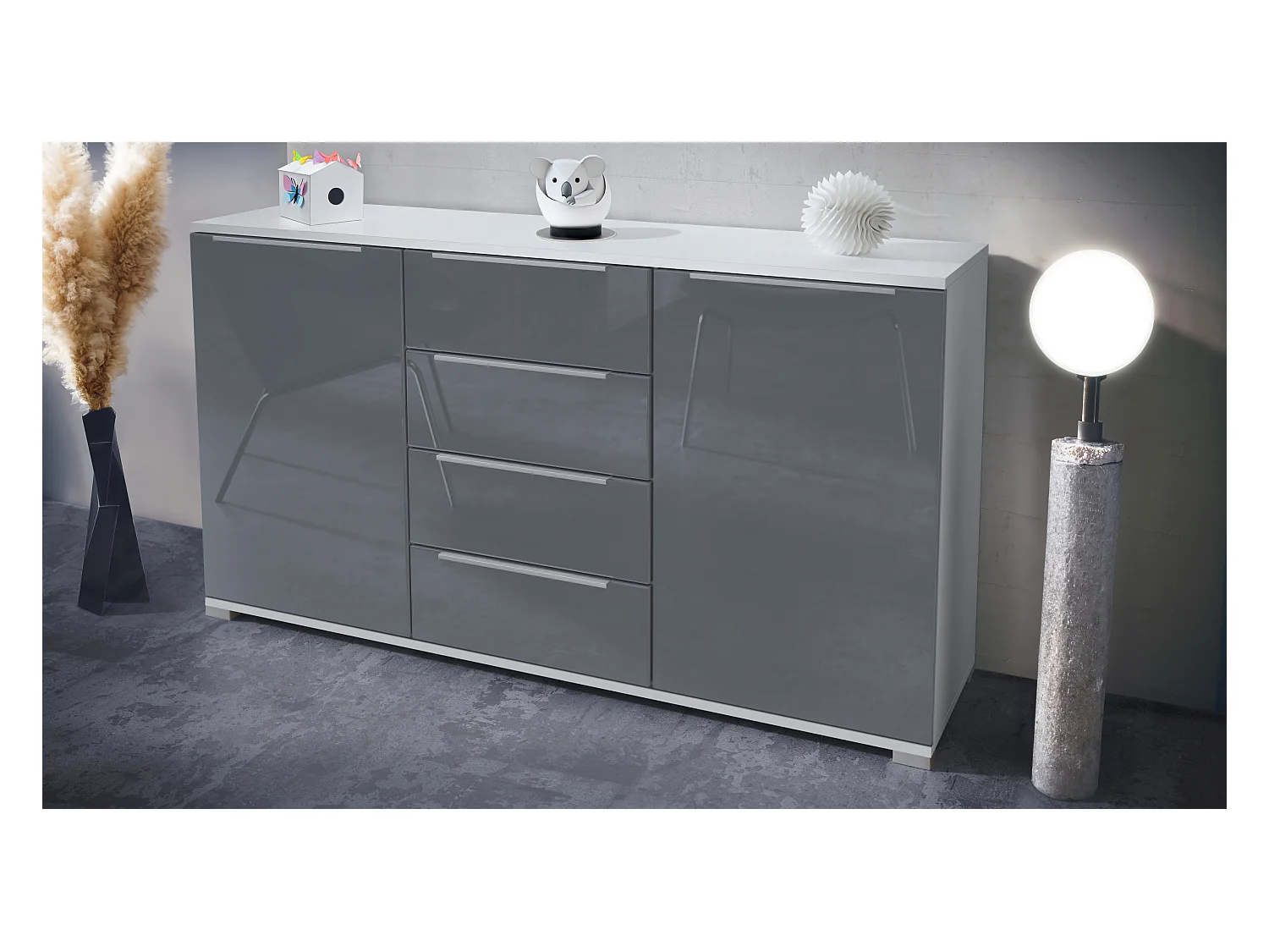 Buffet Linio V1, Enfilade avec 2 portes et 4 tiroirs, blanc mat / gris haute brillance (138,5 x 75,5 x 35 cm)