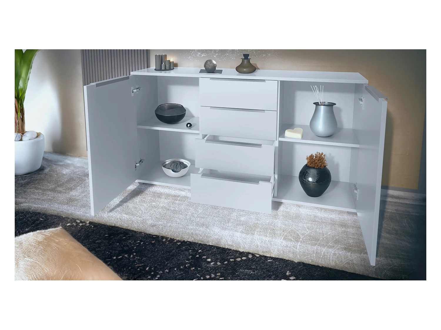 Buffet Linio V1, Enfilade avec 2 portes et 4 tiroirs, blanc mat / gris haute brillance (138,5 x 75,5 x 35 cm)