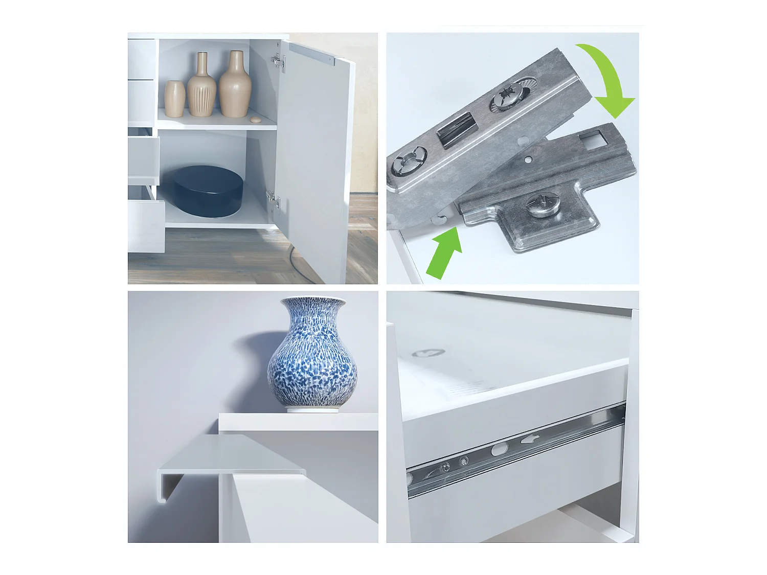 Buffet Linio V1, Enfilade avec 2 portes et 4 tiroirs, blanc mat / gris haute brillance (138,5 x 75,5 x 35 cm)