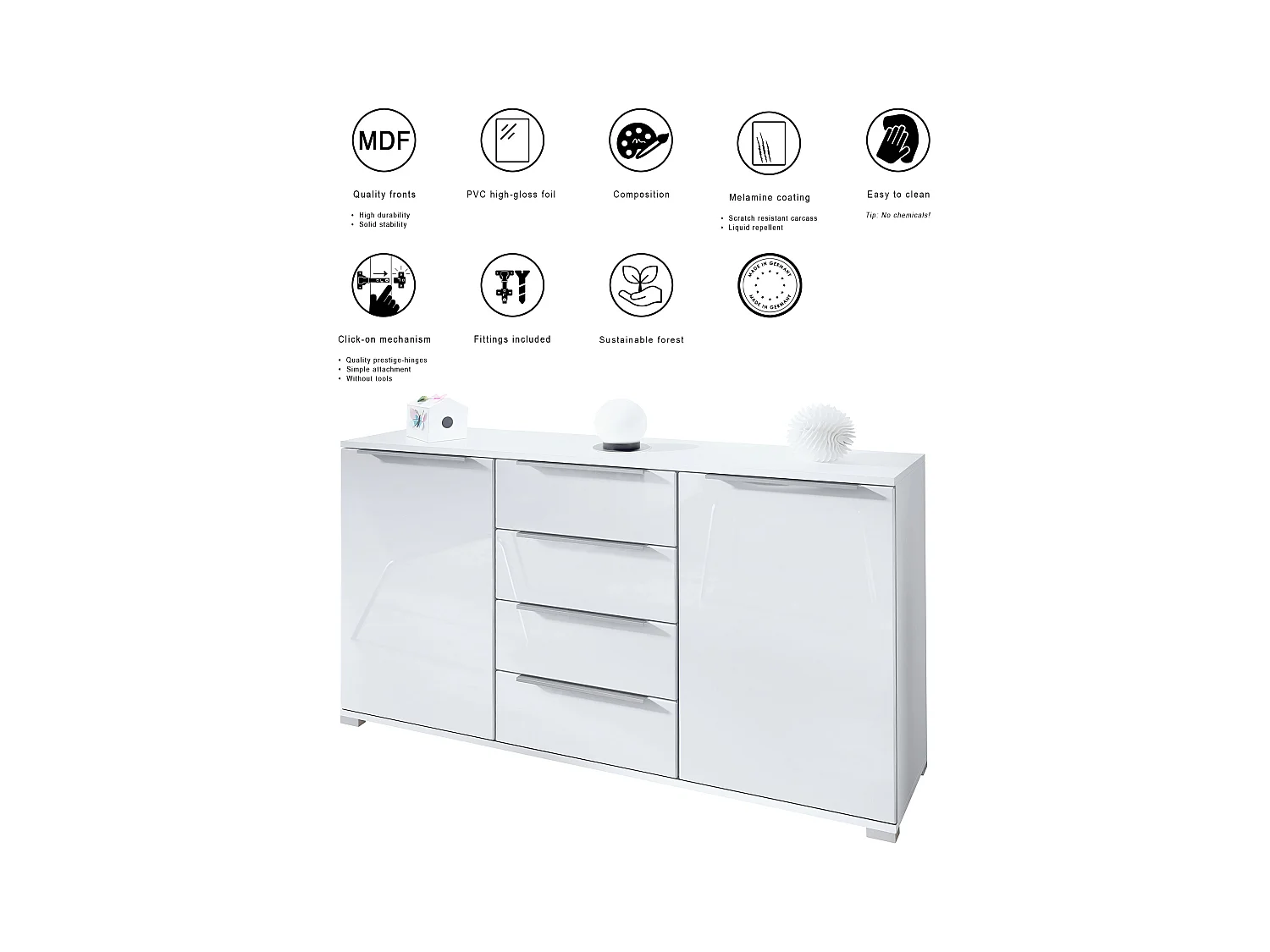 Buffet Linio V1, Enfilade avec 2 portes et 4 tiroirs, blanc mat / gris haute brillance (138,5 x 75,5 x 35 cm)