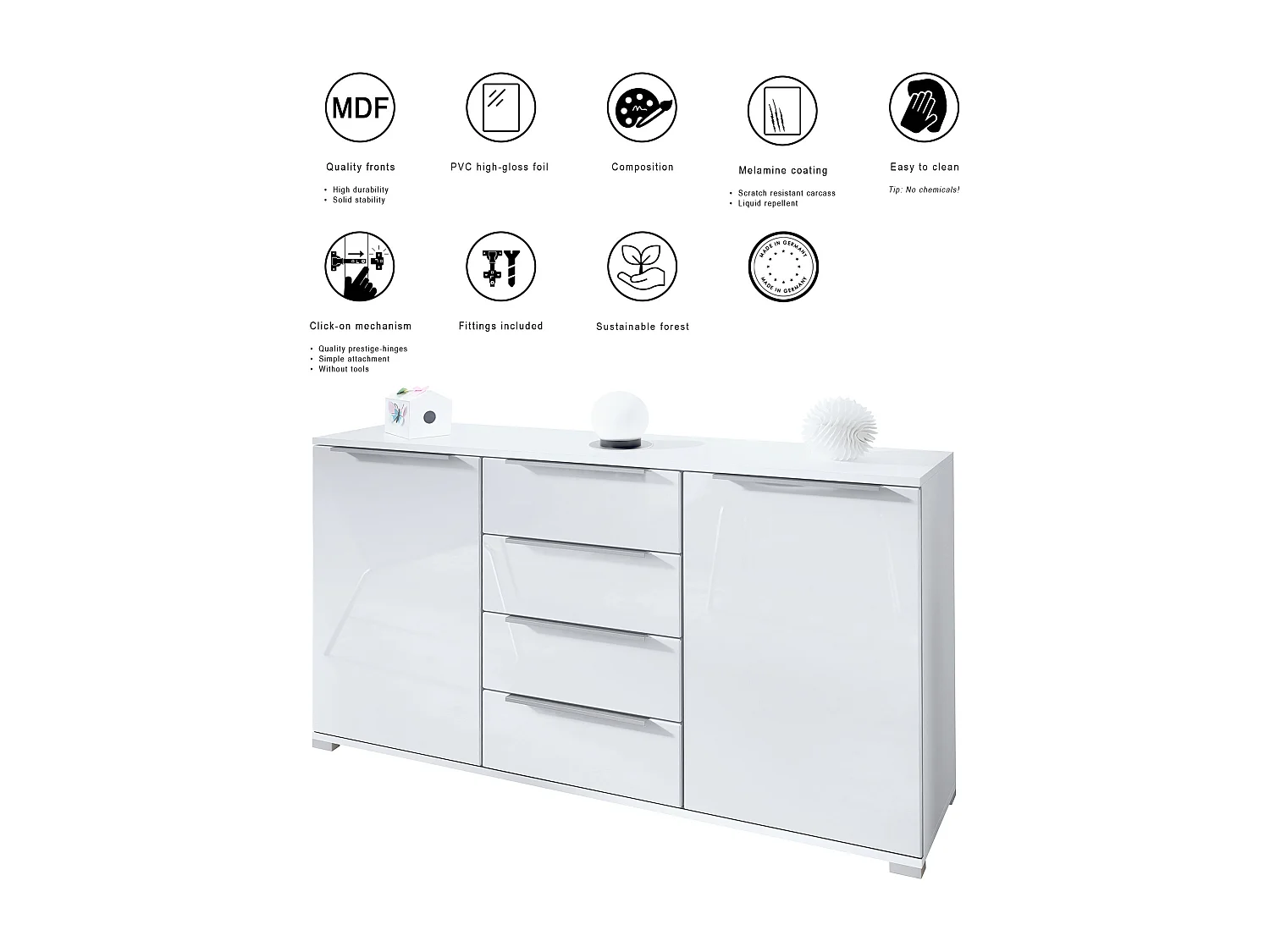 Buffet Linio V1, Enfilade avec 2 portes et 4 tiroirs, blanc mat / gris haute brillance (138,5 x 75,5 x 35 cm)