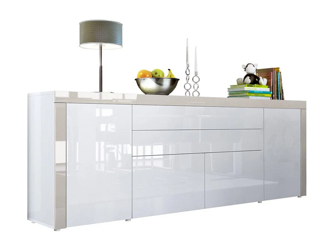 Buffet La Paz V2, Commode avec 2 portes, 2 tiroirs, et 2 clapets, Blanc haute brillance/blanc haute brillance/gris sable haute brillance (200 x 72 x 35 cm)