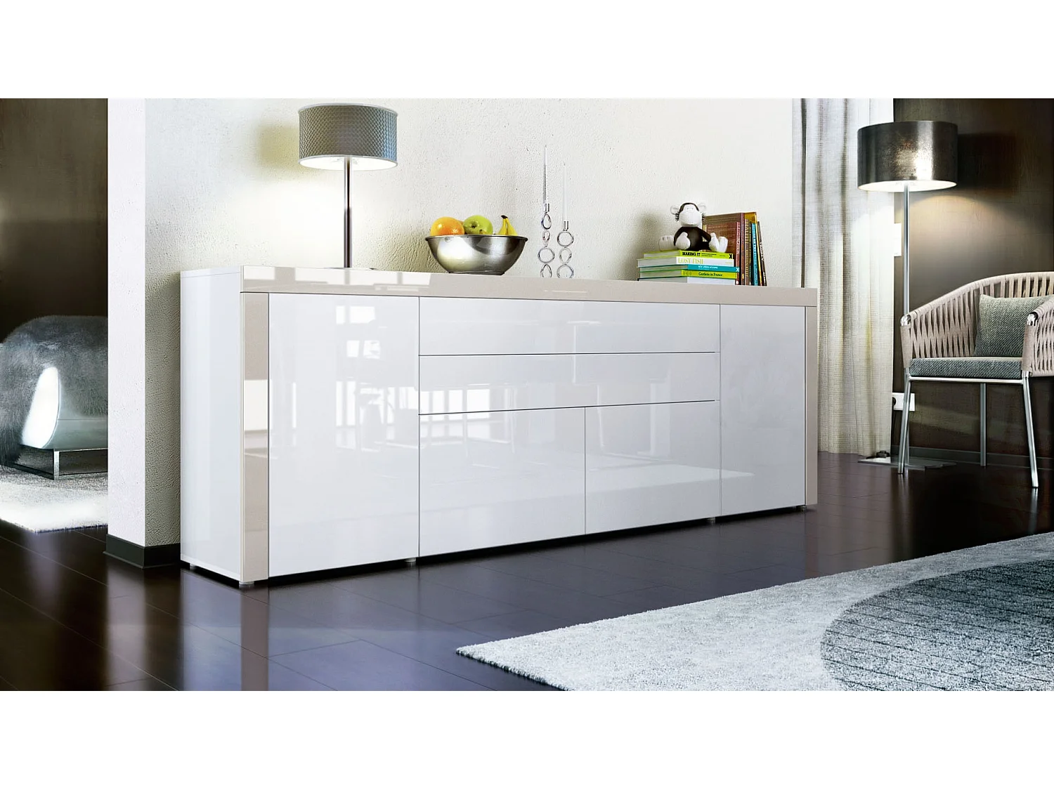Buffet La Paz V2, Commode avec 2 portes, 2 tiroirs, et 2 clapets, Blanc haute brillance/blanc haute brillance/gris sable haute brillance (200 x 72 x 35 cm)