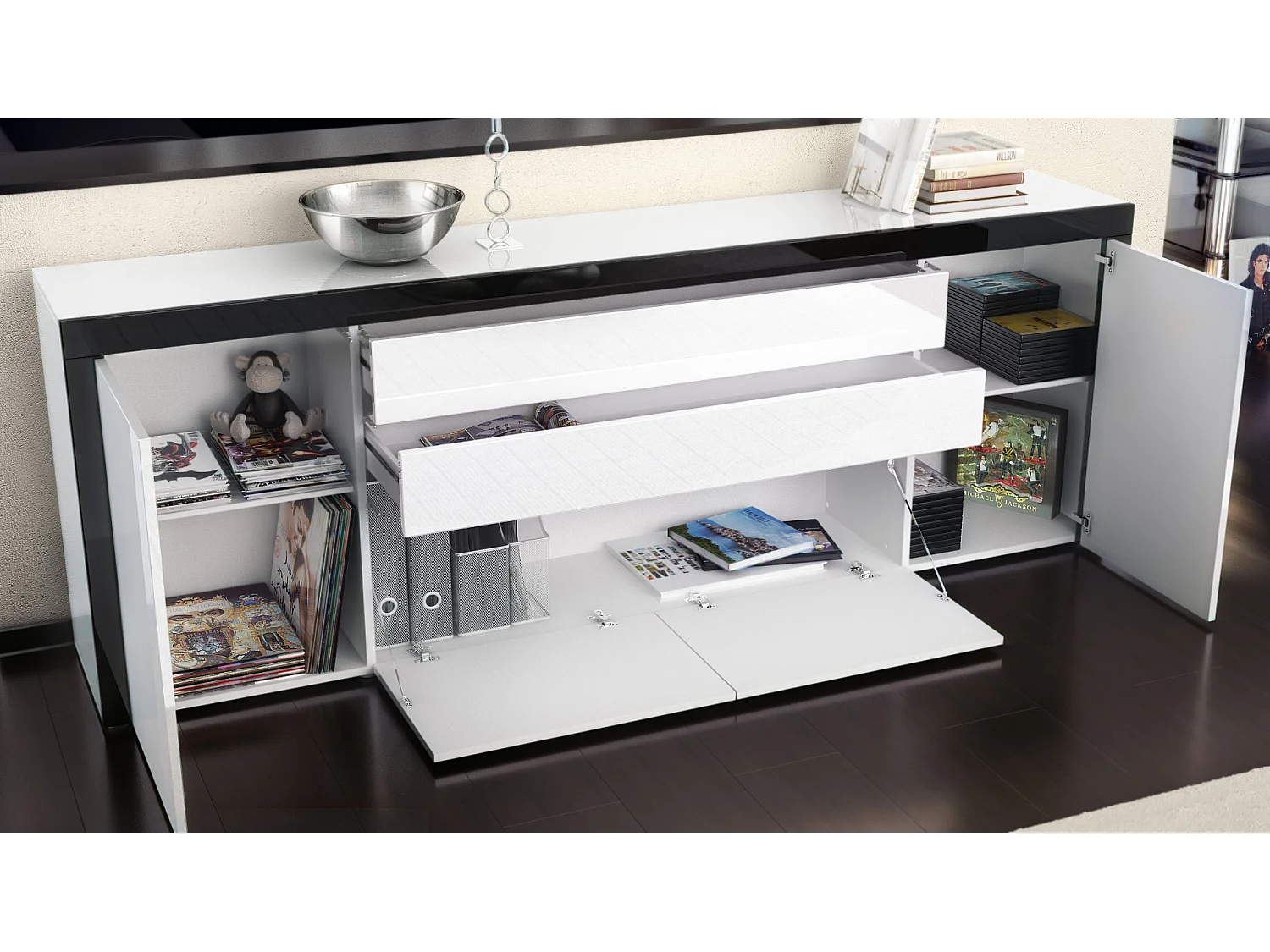 Buffet La Paz V2, Commode avec 2 portes, 2 tiroirs, et 2 clapets, Blanc haute brillance/blanc haute brillance/gris sable haute brillance (200 x 72 x 35 cm)