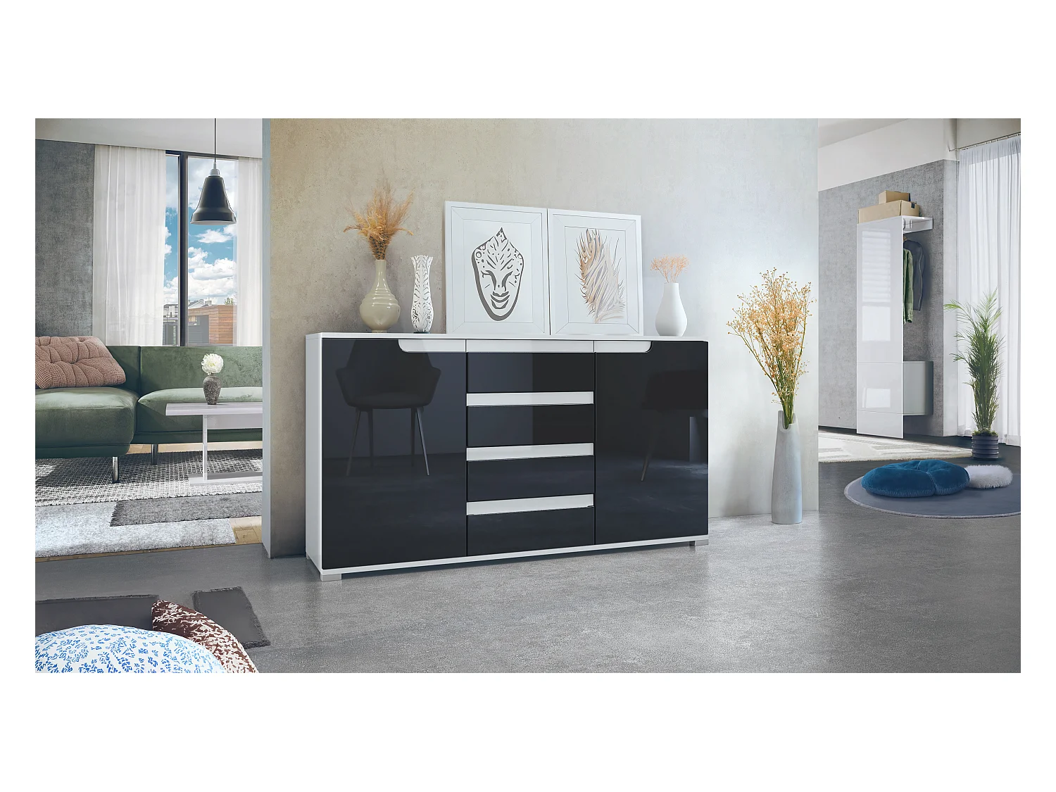 SIDEBOARD Sylt Schwarz Hochglanz / Weiß Hochglanz