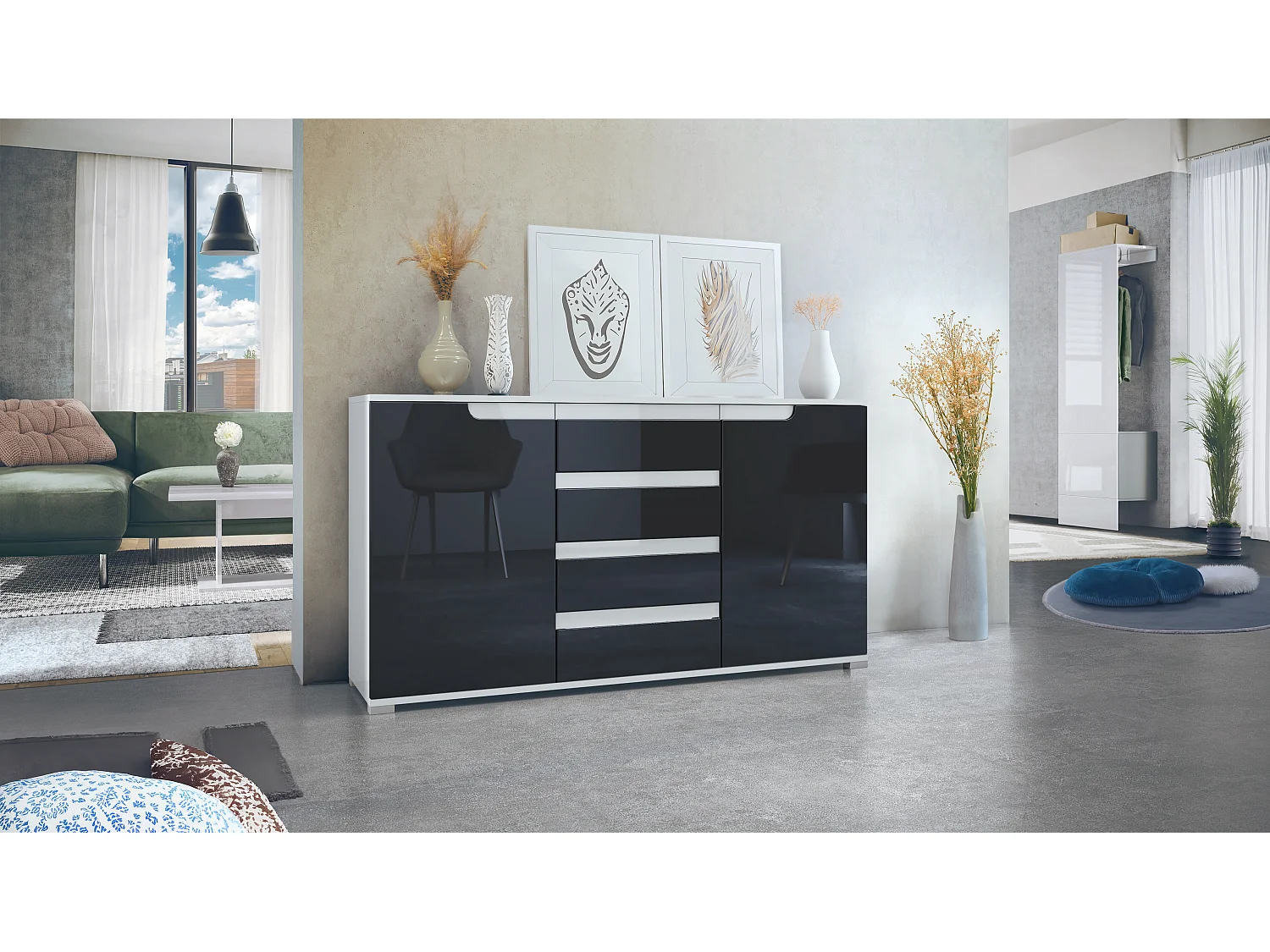 Buffet Dressoir Sylt, Corps en Noir mat / Façades en noir haute brillance avec un decor en blanc haute brillance (139 x 72 x 35)