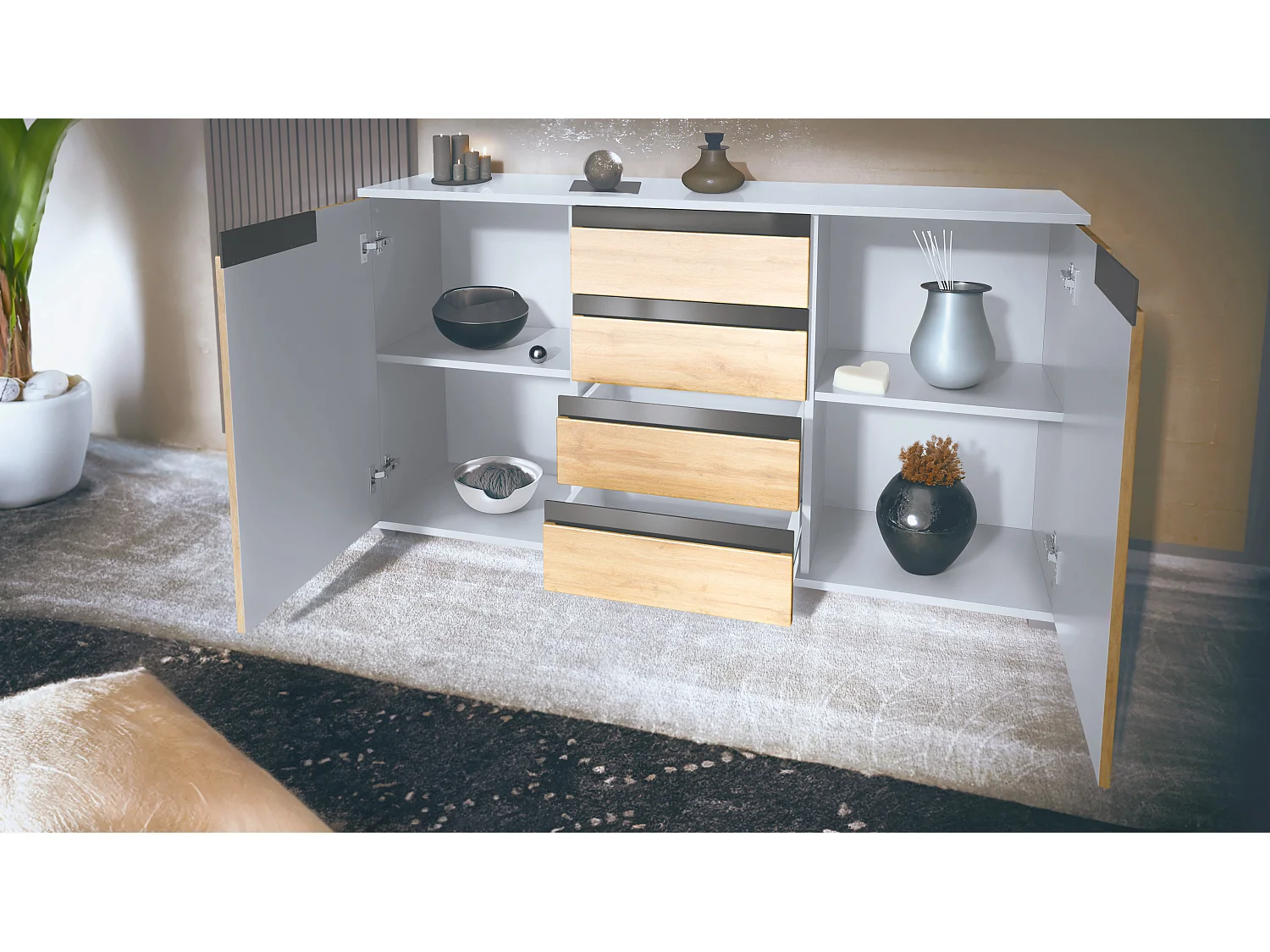 Buffet Dressoir Sylt, Corps en Noir mat / Façades en noir haute brillance avec un decor en blanc haute brillance (139 x 72 x 35)