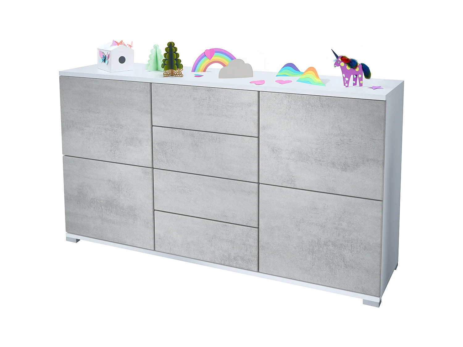 Buffet Rova V1 – Meuble avec 4 Portes et 4 Tiroirs, blanc mat/aspect béton oxyde (138,5 x 75,5 x 35)