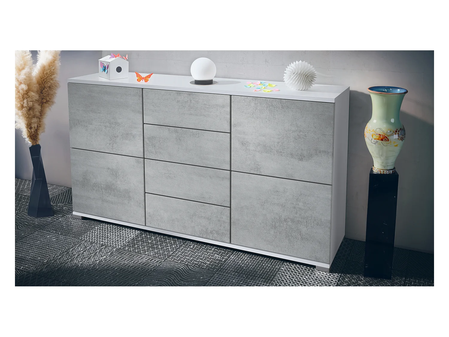 Buffet Rova V1 – Meuble avec 4 Portes et 4 Tiroirs, blanc mat/aspect béton oxyde (138,5 x 75,5 x 35)