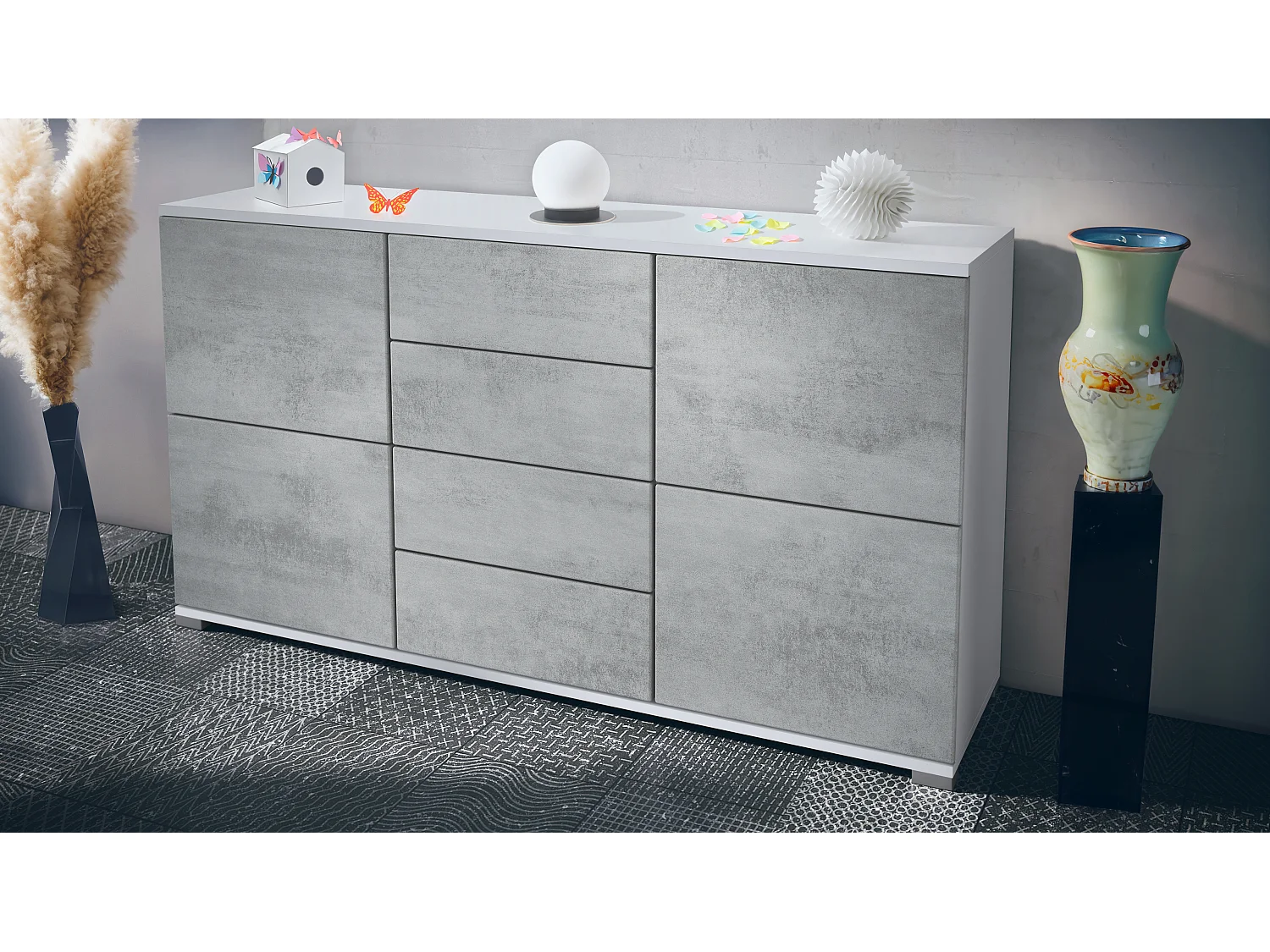 Buffet Rova V1 – Meuble avec 4 Portes et 4 Tiroirs, blanc mat/aspect béton oxyde (138,5 x 75,5 x 35)