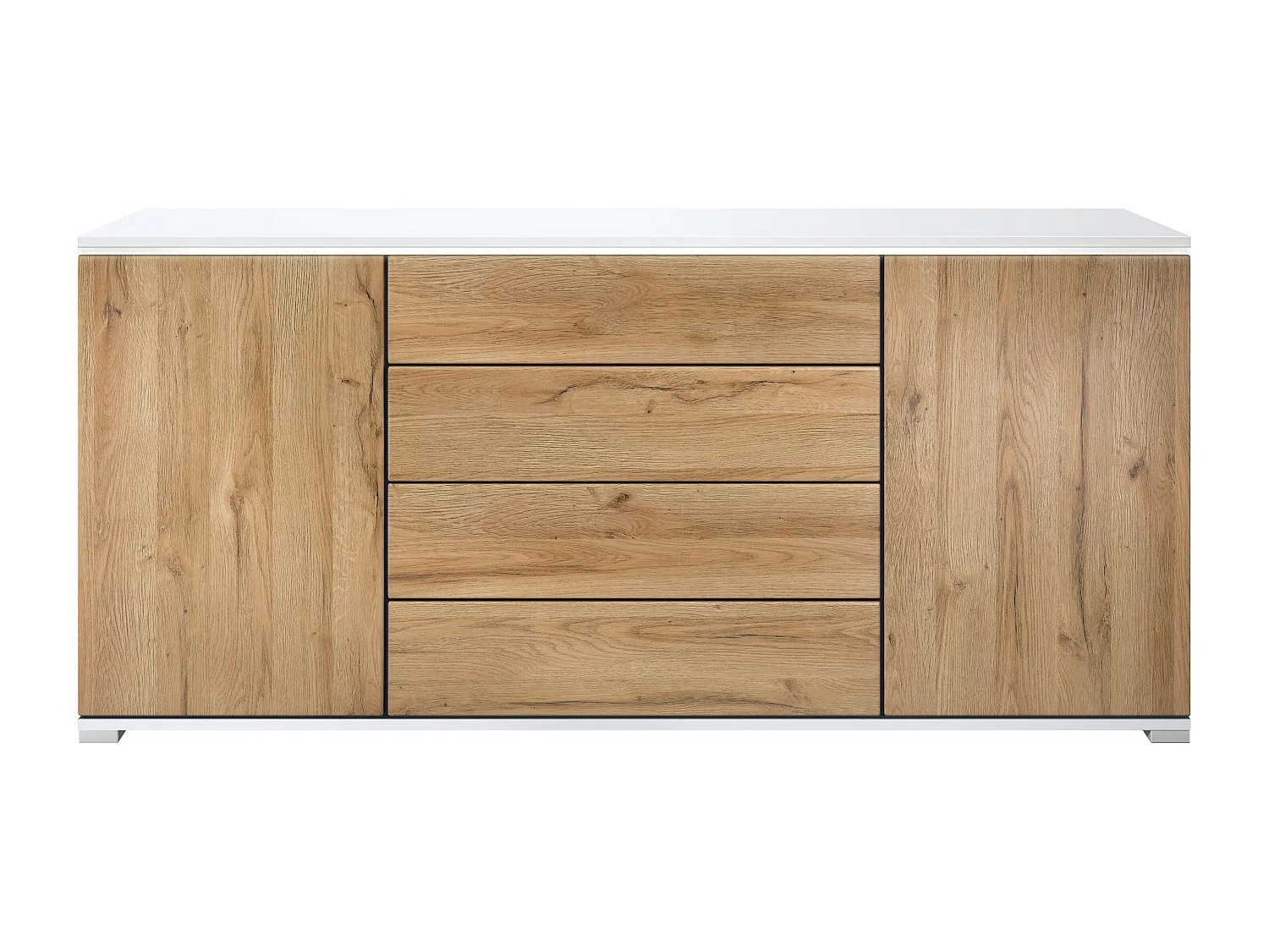 Buffet Faro V2 – Meuble avec 2 Portes & 4 Tiroirs, Armoire avec Bande LED Lumineuse, blanc mat / chêne nature (166,5 x 75,5 x 35)