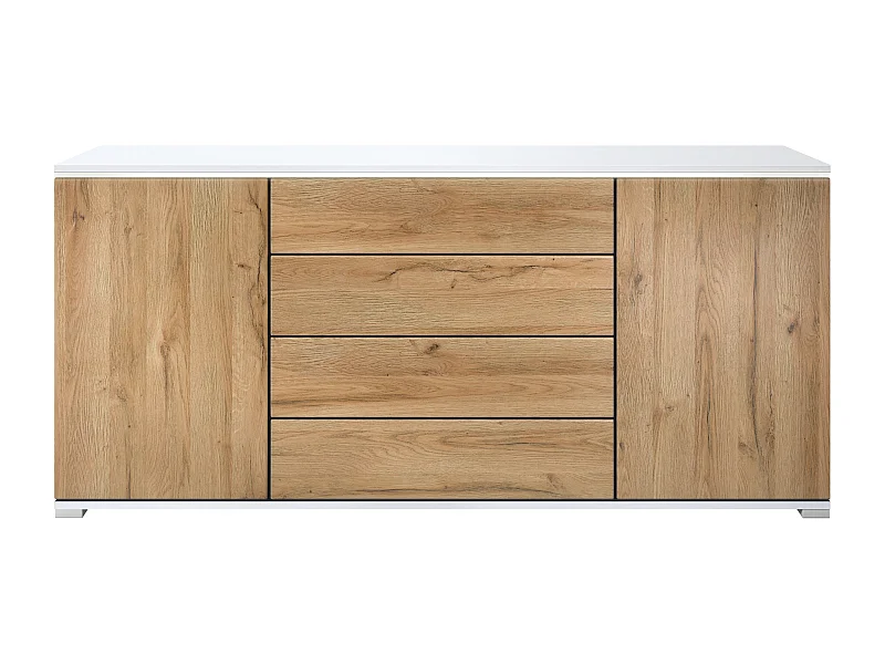 Buffet Faro V2 – Meuble avec 2 Portes & 4 Tiroirs, Armoire avec Bande LED Lumineuse, blanc mat / chêne nature (166,5 x 75,5 x 35)