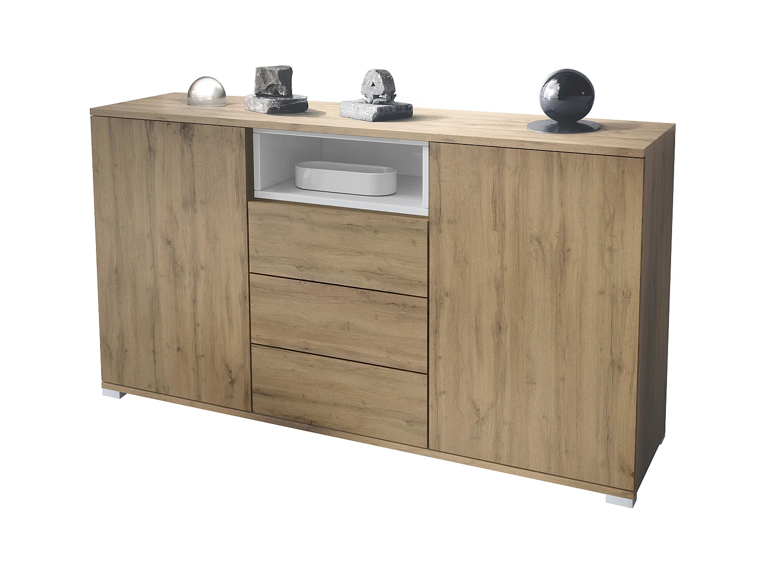 Skadu V2 Buffet, Commode avec 2 portes, 3 tiroirs et 1 compartiment ouvert, Chêne Evoke/blanc haute brillance (138,5 x 75,5 x 35 cm)