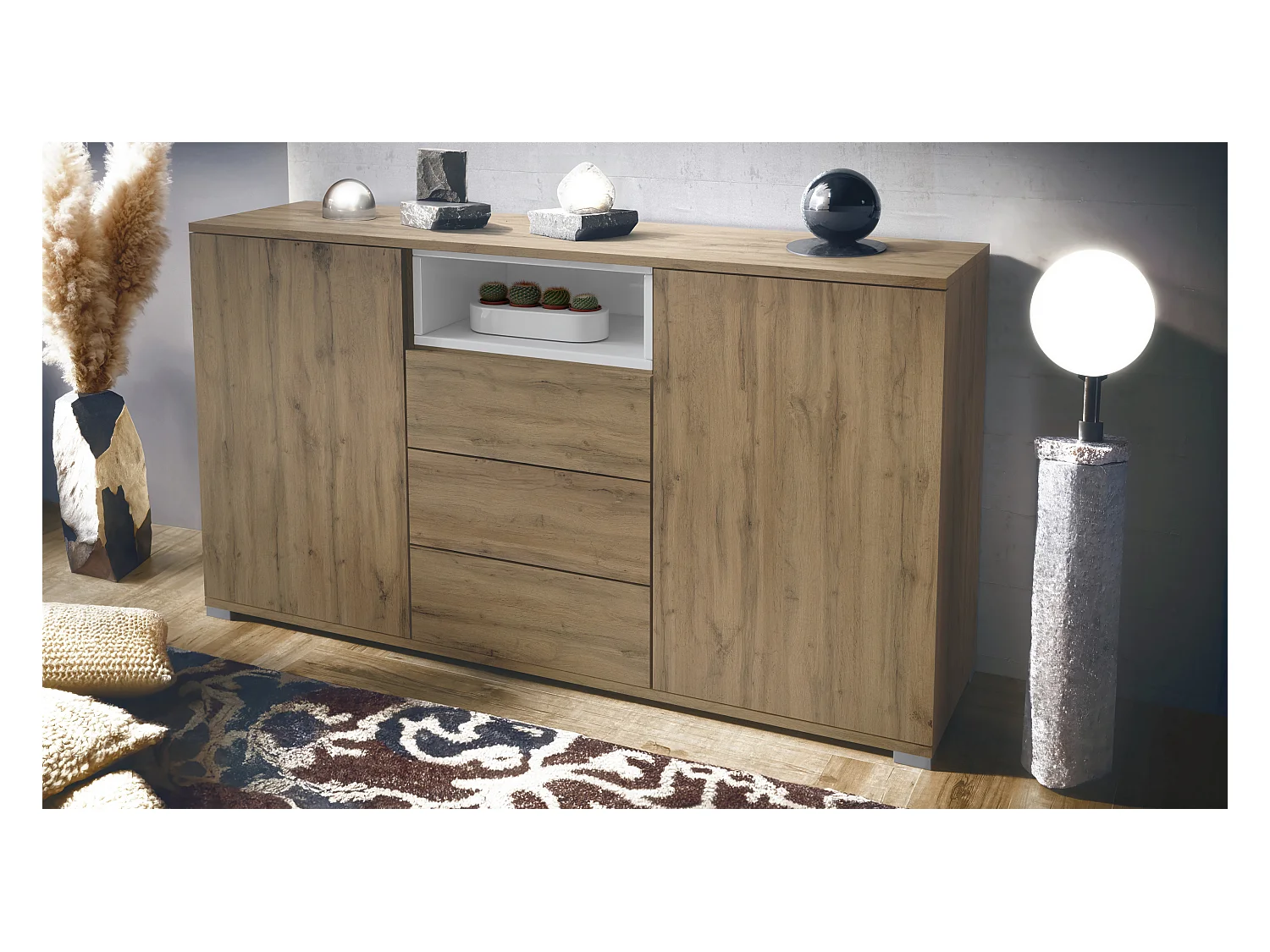 Skadu V2 Buffet, Commode avec 2 portes, 3 tiroirs et 1 compartiment ouvert, Chêne Evoke/blanc haute brillance (138,5 x 75,5 x 35 cm)