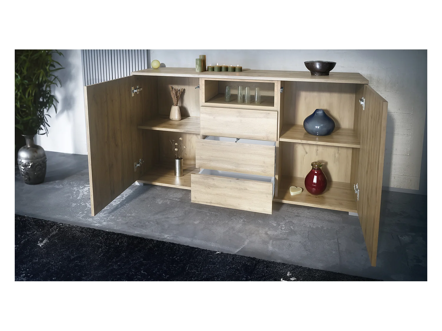 Skadu V2 Buffet, Commode avec 2 portes, 3 tiroirs et 1 compartiment ouvert, Chêne Evoke/blanc haute brillance (138,5 x 75,5 x 35 cm)
