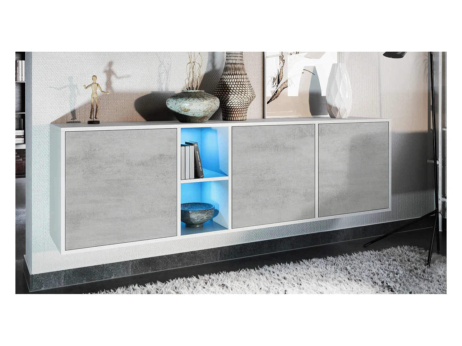 Commode Cuba - blanc mat/aspect béton oxyde y compris LED - Buffet moderne pour votre salon - (LxHxP) 182x53x35 cm