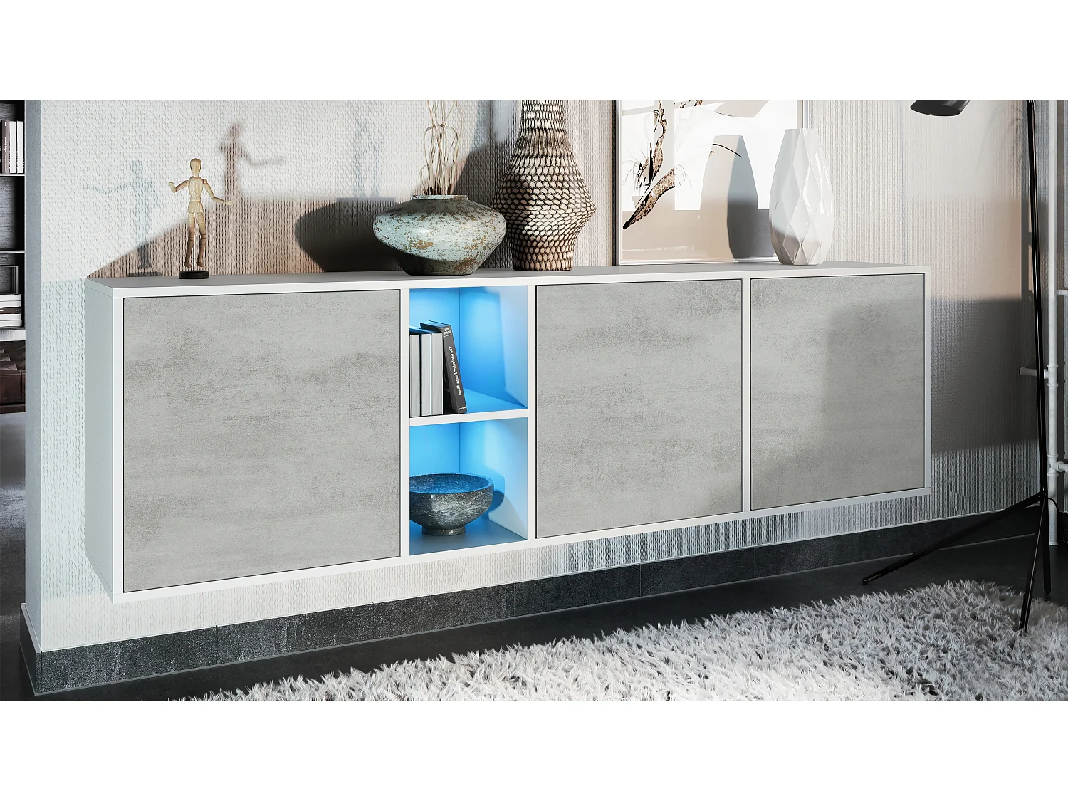 Commode Cuba - blanc mat/aspect béton oxyde y compris LED - Buffet moderne pour votre salon - (LxHxP) 182x53x35 cm