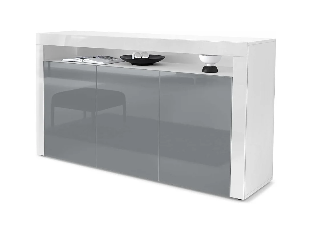 Buffet Valencia, Commode avec 3 portes et 1 compartiment ouvert, Blanc mat/gris haute brillance/blanc haute brillance (155 x 92 x 40 cm)
